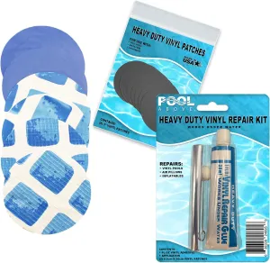 All-in-One Repair Kit for Above-Ground Pools | Fast, Underwater-Capable Peel-and-Stick OR Adhesive Glue-Down Vinyl Patches & for Easy Set and Frame Pools Blue Glue On