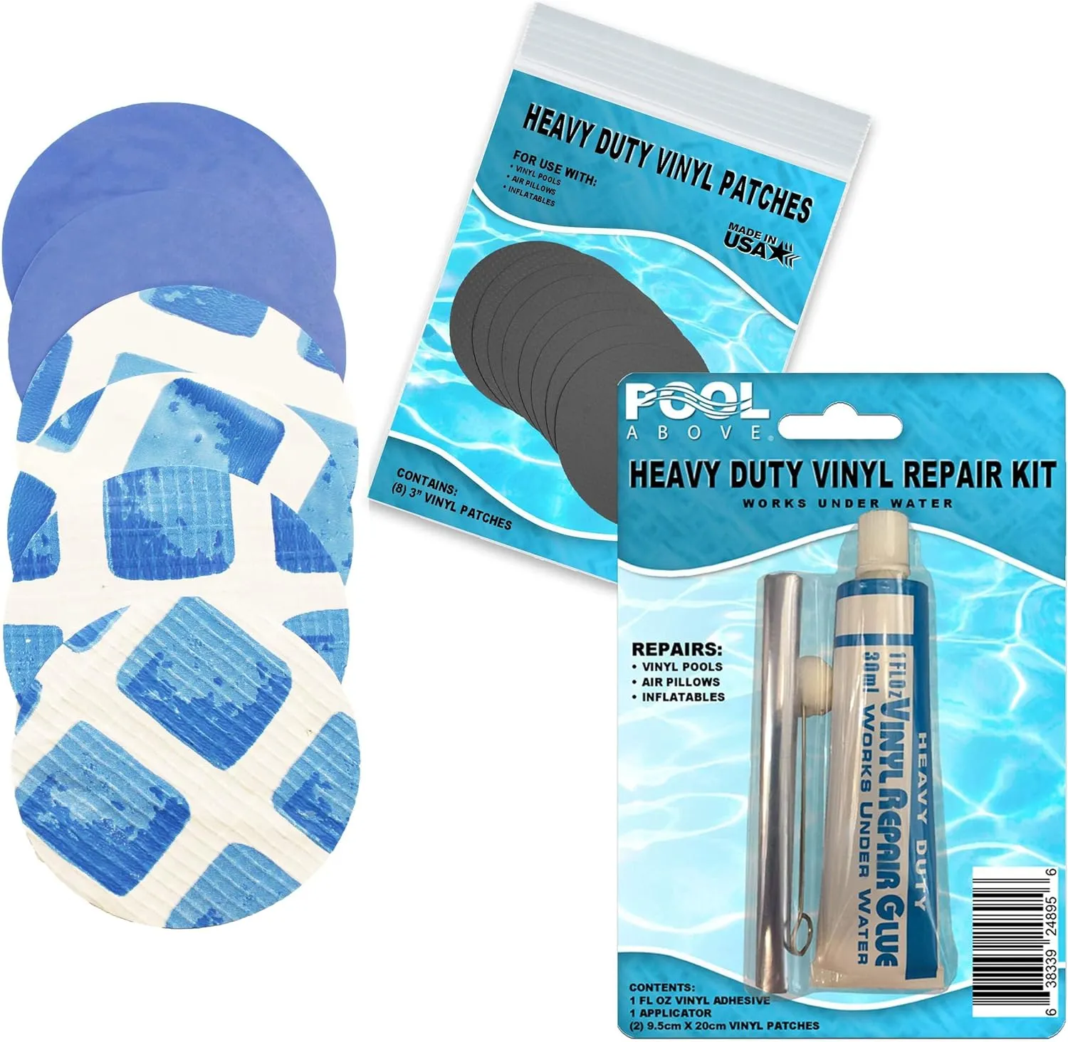 All-in-One Repair Kit for Above-Ground Pools | Fast, Underwater-Capable Peel-and-Stick OR Adhesive Glue-Down Vinyl Patches & for Easy Set and Frame Pools Blue Glue On
