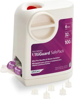 All-in-One UltiGuard Safe Pack Pen Needles and Sharps Container for at-Home Insulin Injections and Safe Needle Disposal, Size: Mini 6mm (1/4”) x 32G, 100 Count