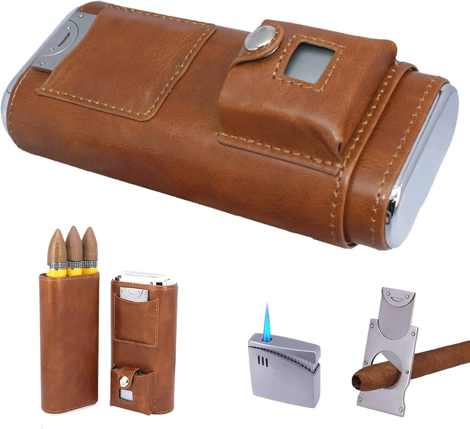 AMANCY Deluxe Portable 3 Holder Cigar Case Set With Lighter and Cutter Great Gift Kit