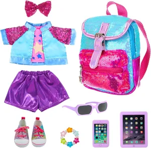 American 18 Inch Doll Clothes Set & Accessories Kit - 3-Piece Outfits with Shoes, Gradient Backpack, Hair Clip, Bracelet, Sunglasses, Toy Tablet & Phone for Kids