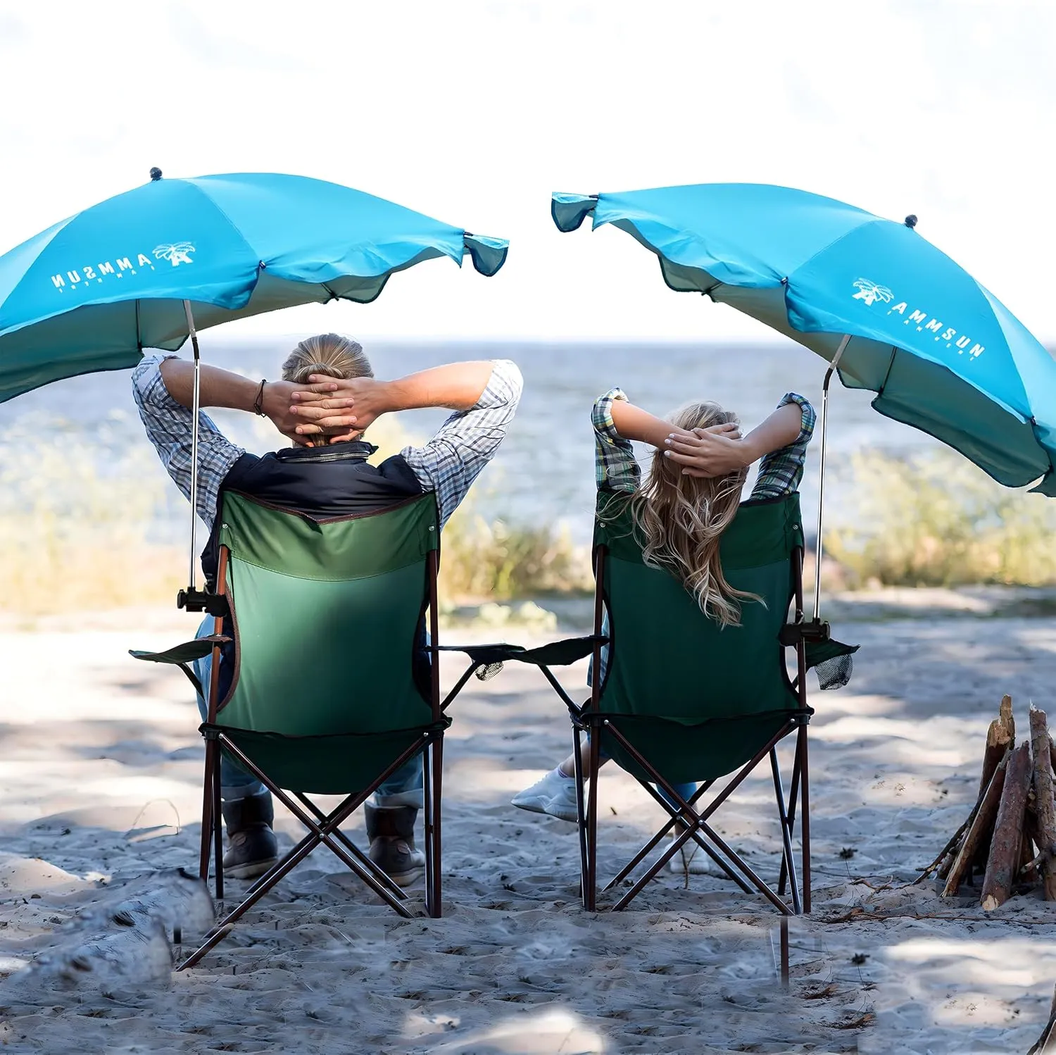 AMMSUN XL Chair Umbrella with Universal Clamp Adjustable 52 inches and 360-degree Swivel UPF 50 , Portable Clamp on Camping or Beach Chair, Stroller, Wheelchair, Golf cart, Bright Blue, 2 PACK