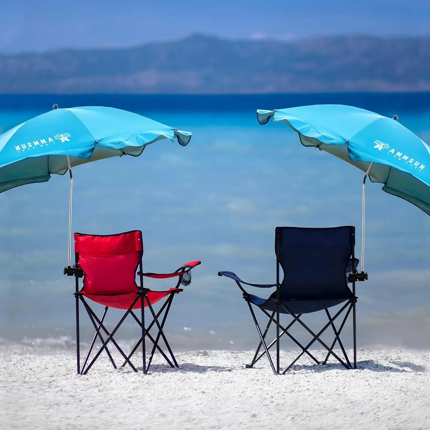 AMMSUN XL Chair Umbrella with Universal Clamp Adjustable 52 inches and 360-degree Swivel UPF 50 , Portable Clamp on Camping or Beach Chair, Stroller, Wheelchair, Golf cart, Bright Blue, 2 PACK