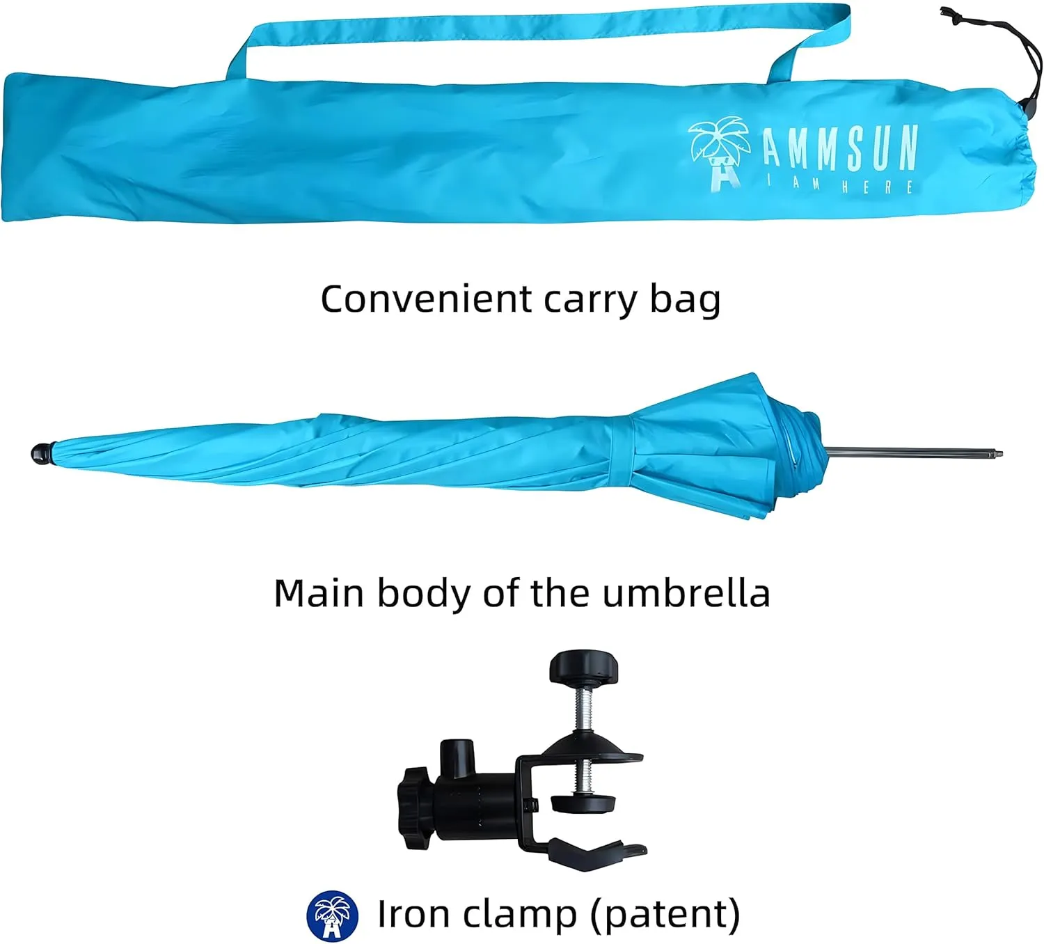 AMMSUN XL Chair Umbrella with Universal Clamp Adjustable 52 inches and 360-degree Swivel UPF 50 , Portable Clamp on Camping or Beach Chair, Stroller, Wheelchair, Golf cart, Bright Blue, 2 PACK
