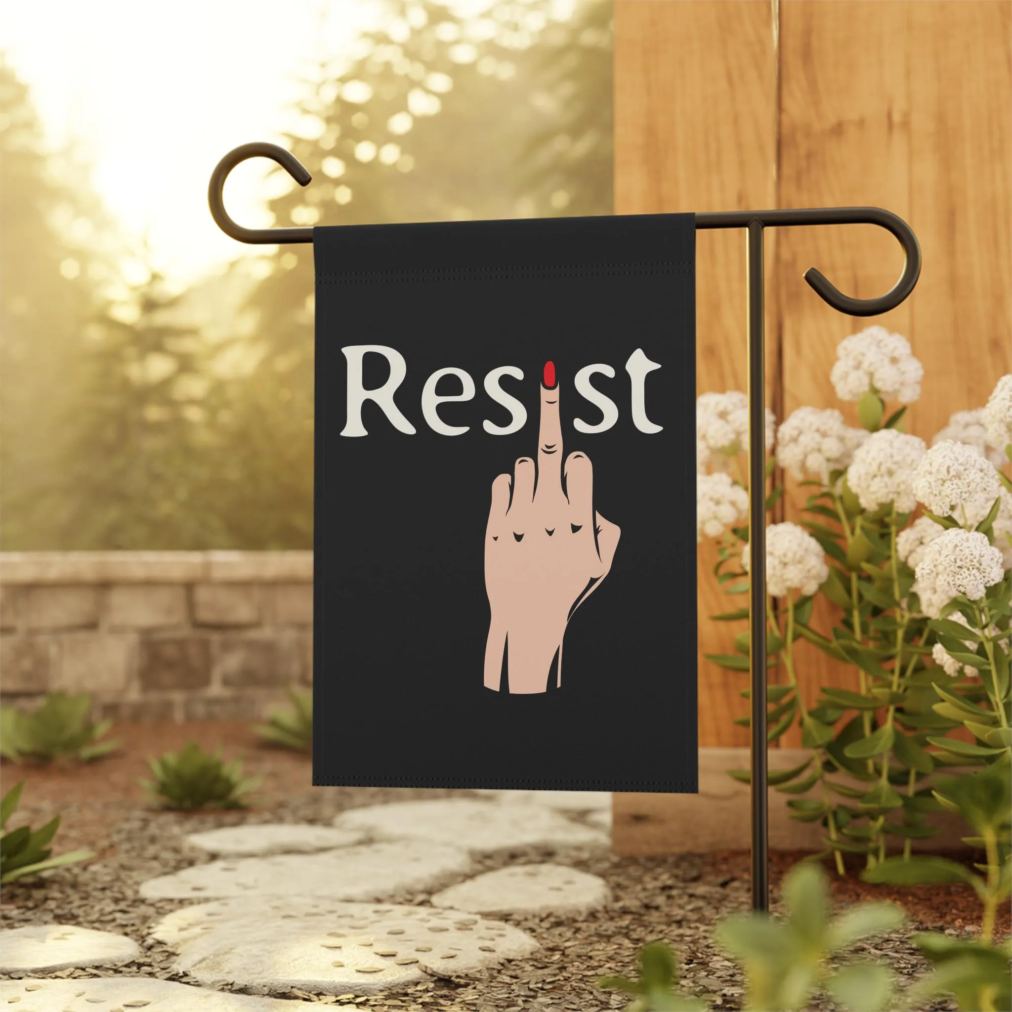 AntiMAGA feminist eating funny Leopards flag, Client-focused service gift sign, yard Fuck banner, Resist merch Anti-trump activist antifascist garden Trump faces Special members discount