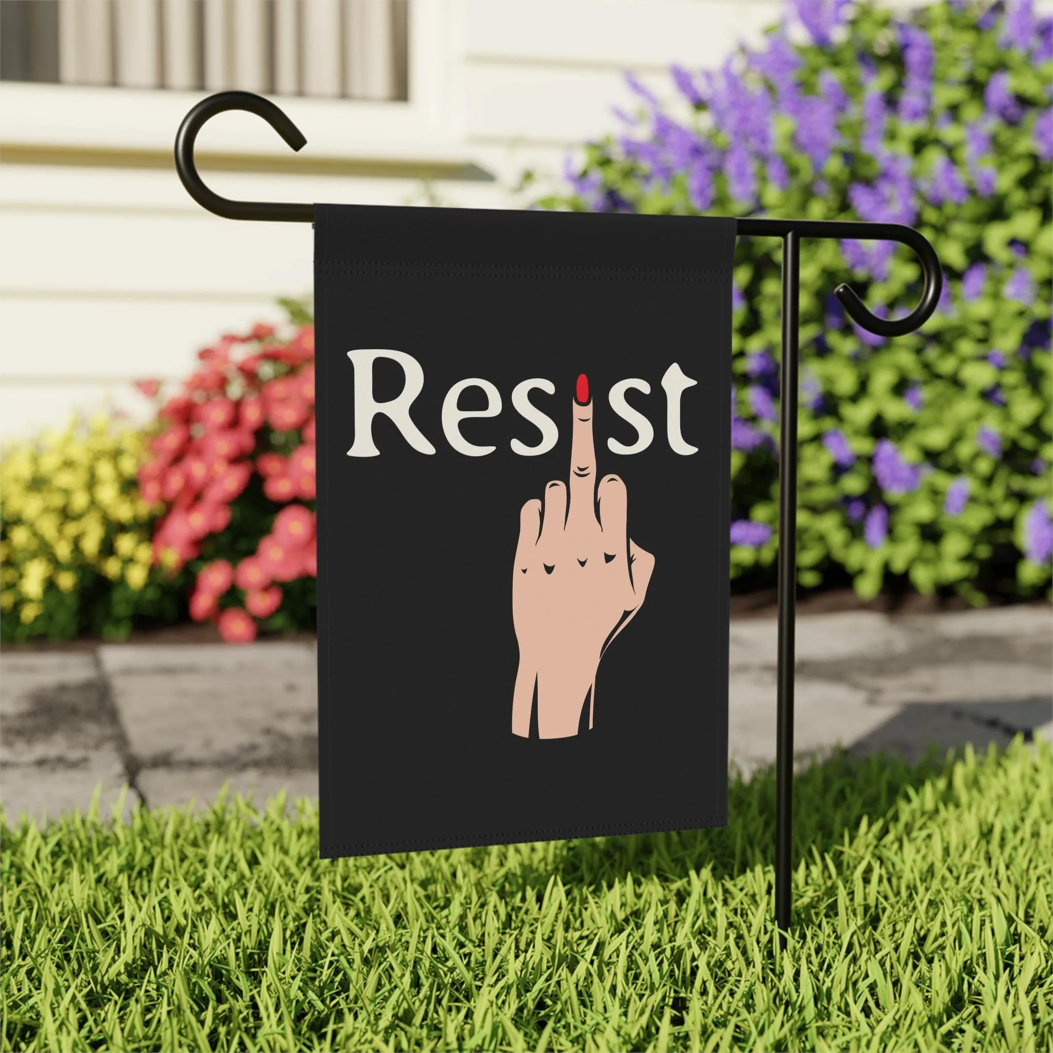 AntiMAGA feminist eating funny Leopards flag, Client-focused service gift sign, yard Fuck banner, Resist merch Anti-trump activist antifascist garden Trump faces Special members discount