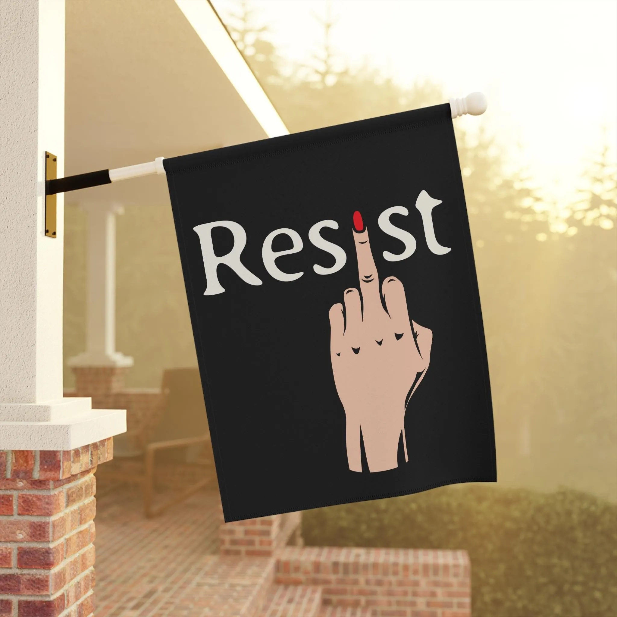 AntiMAGA feminist eating funny Leopards flag, Client-focused service gift sign, yard Fuck banner, Resist merch Anti-trump activist antifascist garden Trump faces Special members discount