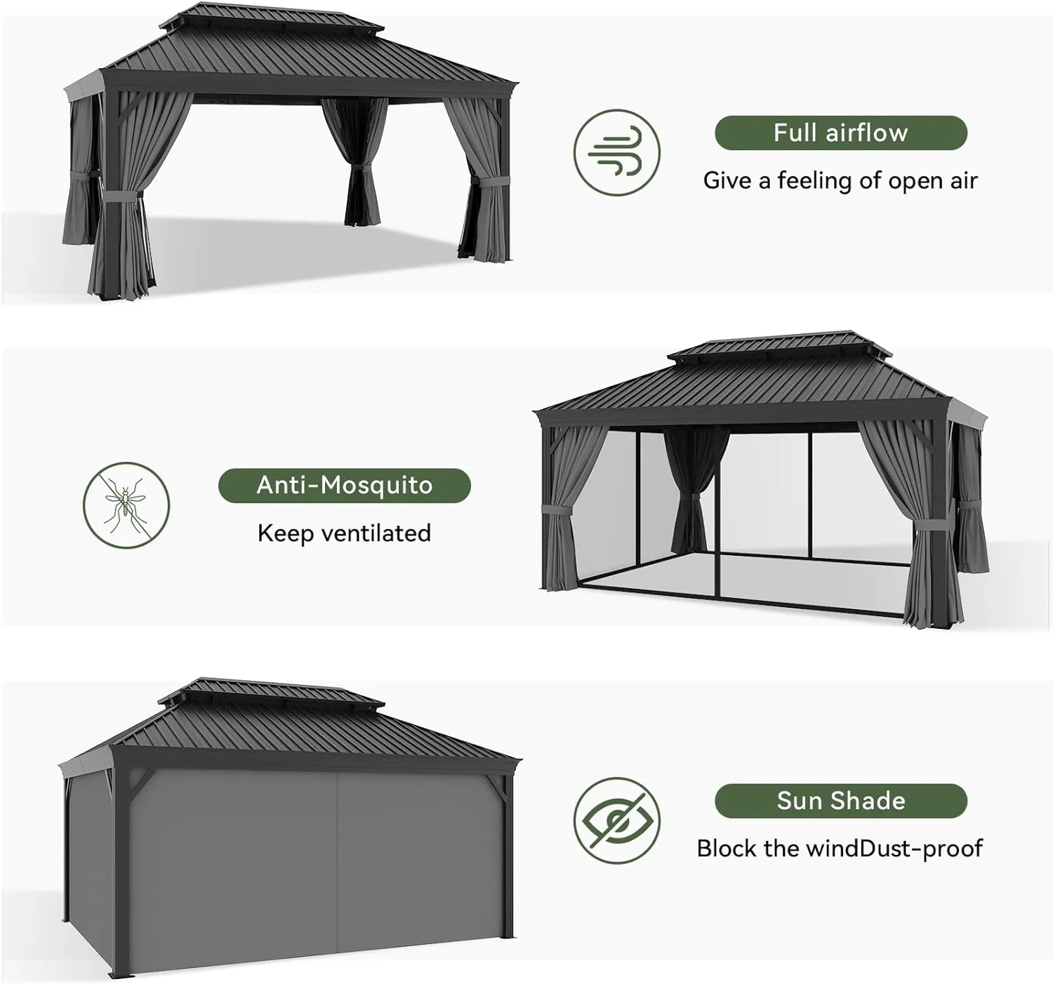 Aoxun 12' X 16' Permanent Hardtop Gazebo Aluminum Gazebo with Galvanized Steel Double Roof for Patio Lawn and Garden, Curtains and Netting Included, Grey