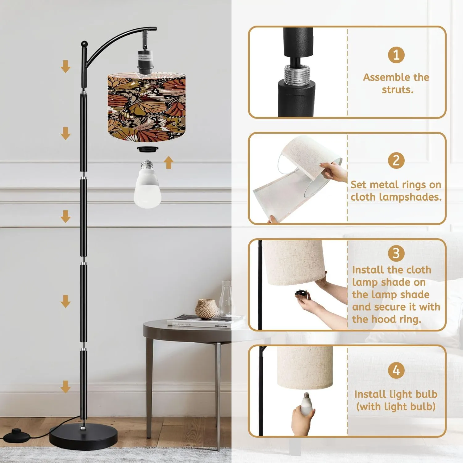 Arc Floor Lamps Beautiful Stylish Seamless Pattern Hand Drawn Butterfly Wings Design Modern LED Adjustable Lampshade Standing Light for Living Room Reading Bedroom Office