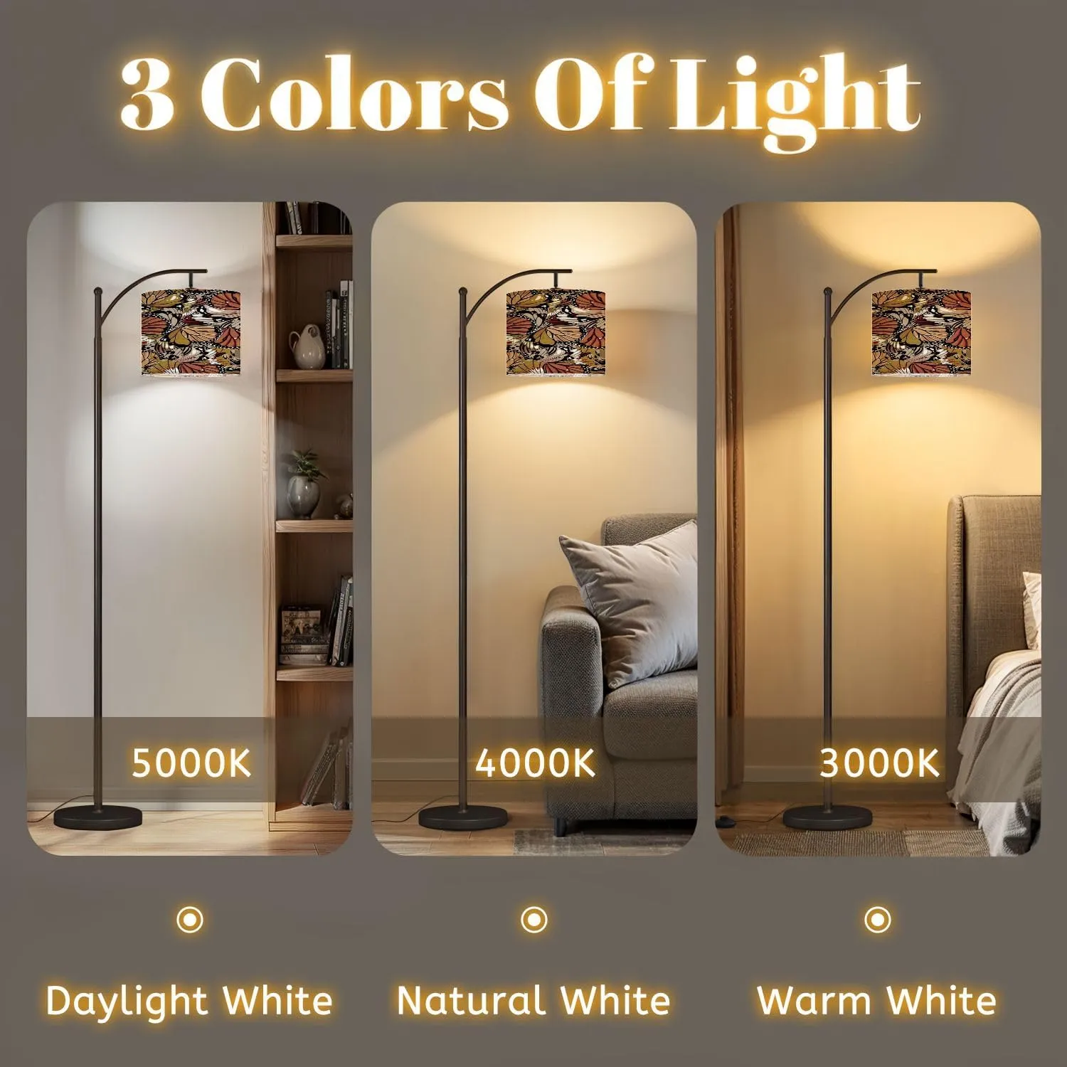 Arc Floor Lamps Beautiful Stylish Seamless Pattern Hand Drawn Butterfly Wings Design Modern LED Adjustable Lampshade Standing Light for Living Room Reading Bedroom Office