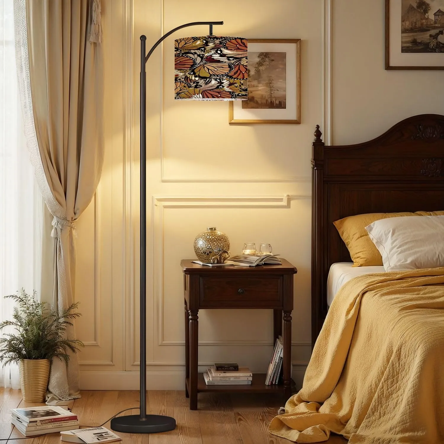 Arc Floor Lamps Beautiful Stylish Seamless Pattern Hand Drawn Butterfly Wings Design Modern LED Adjustable Lampshade Standing Light for Living Room Reading Bedroom Office
