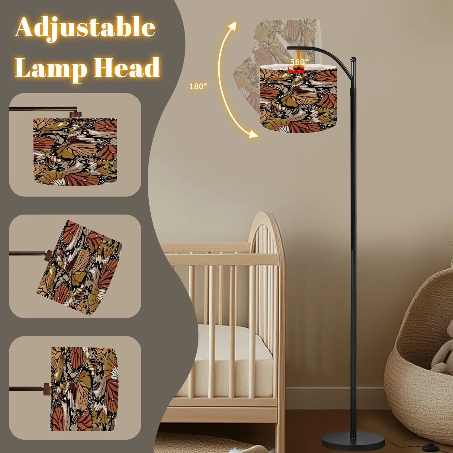 Arc Floor Lamps Beautiful Stylish Seamless Pattern Hand Drawn Butterfly Wings Design Modern LED Adjustable Lampshade Standing Light for Living Room Reading Bedroom Office