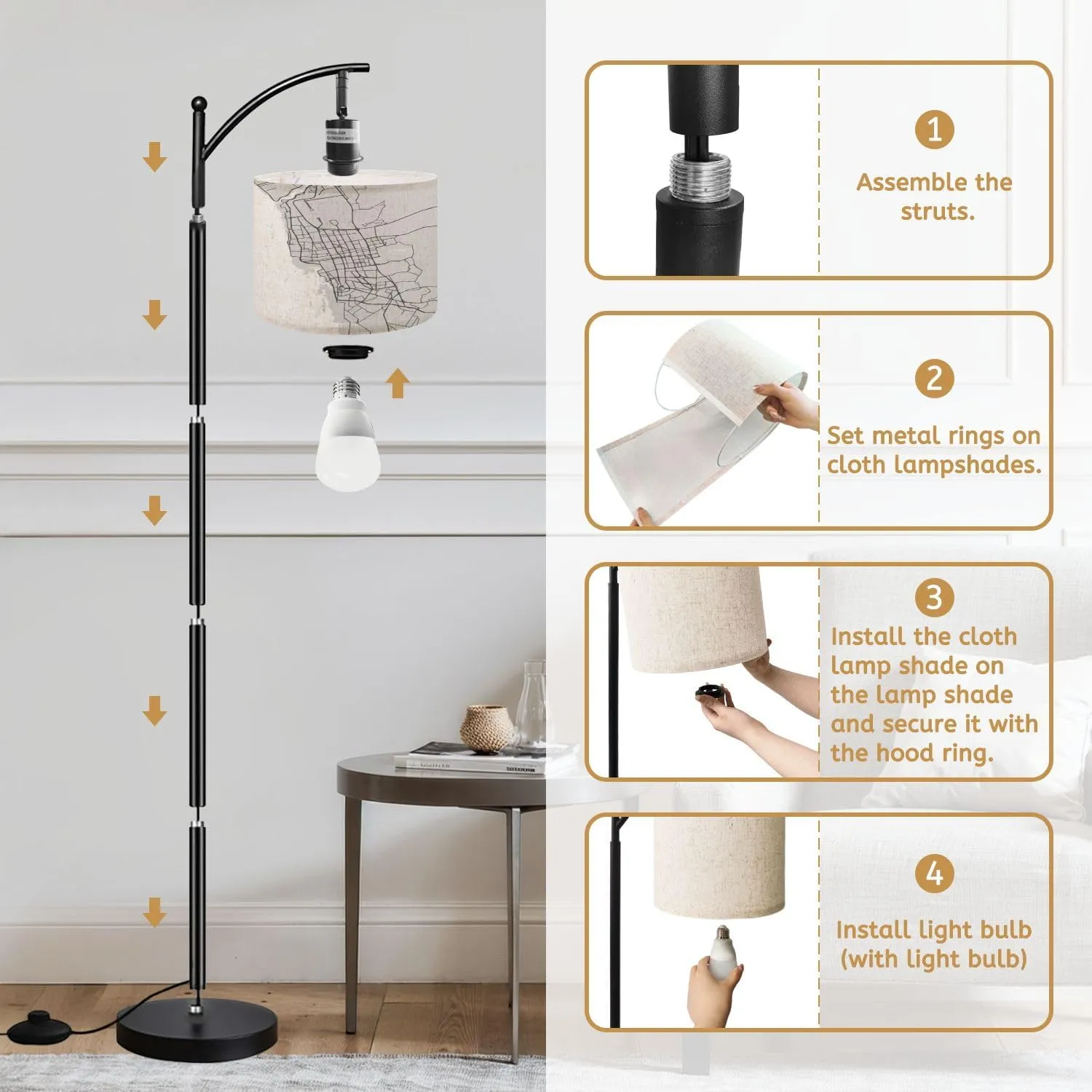 Arc Floor Lamps City map Jeddah Kingdom Black Roads Grey Modern LED Adjustable Lampshade Standing Light for Living Room Reading Bedroom Office