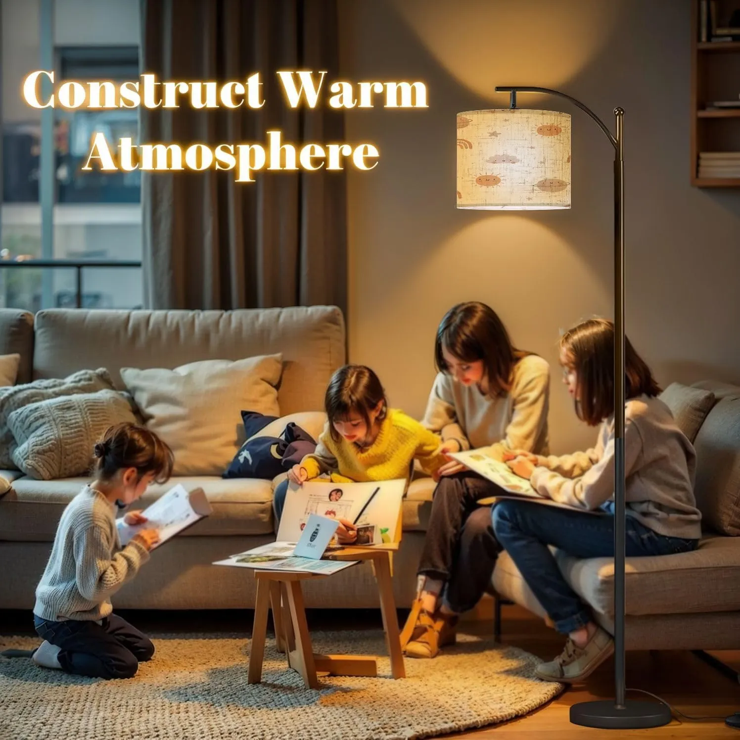 Arc Floor Lamps Cute Cartoon Bohemian Nursery Pattern Boho Print for Wall Decor Modern LED Adjustable Lampshade Standing Light for Living Room Reading Bedroom Office