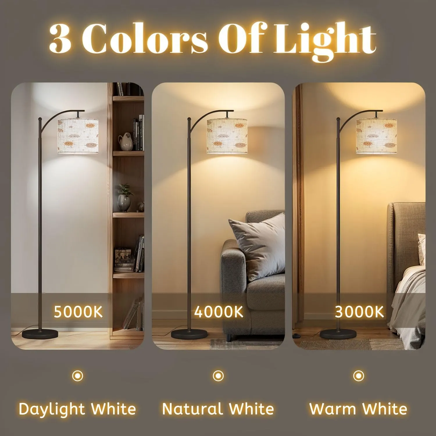 Arc Floor Lamps Cute Cartoon Bohemian Nursery Pattern Boho Print for Wall Decor Modern LED Adjustable Lampshade Standing Light for Living Room Reading Bedroom Office