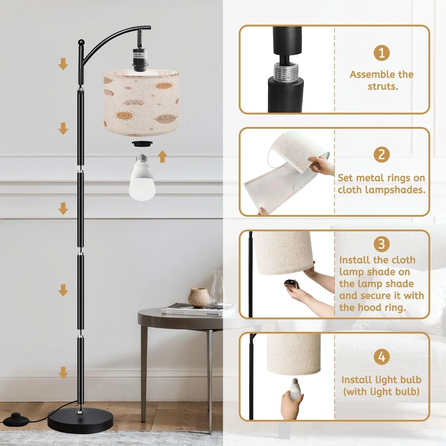 Arc Floor Lamps Cute Cartoon Bohemian Nursery Pattern Boho Print for Wall Decor Modern LED Adjustable Lampshade Standing Light for Living Room Reading Bedroom Office