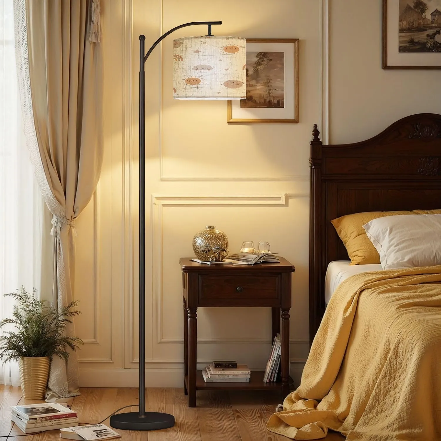 Arc Floor Lamps Cute Cartoon Bohemian Nursery Pattern Boho Print for Wall Decor Modern LED Adjustable Lampshade Standing Light for Living Room Reading Bedroom Office
