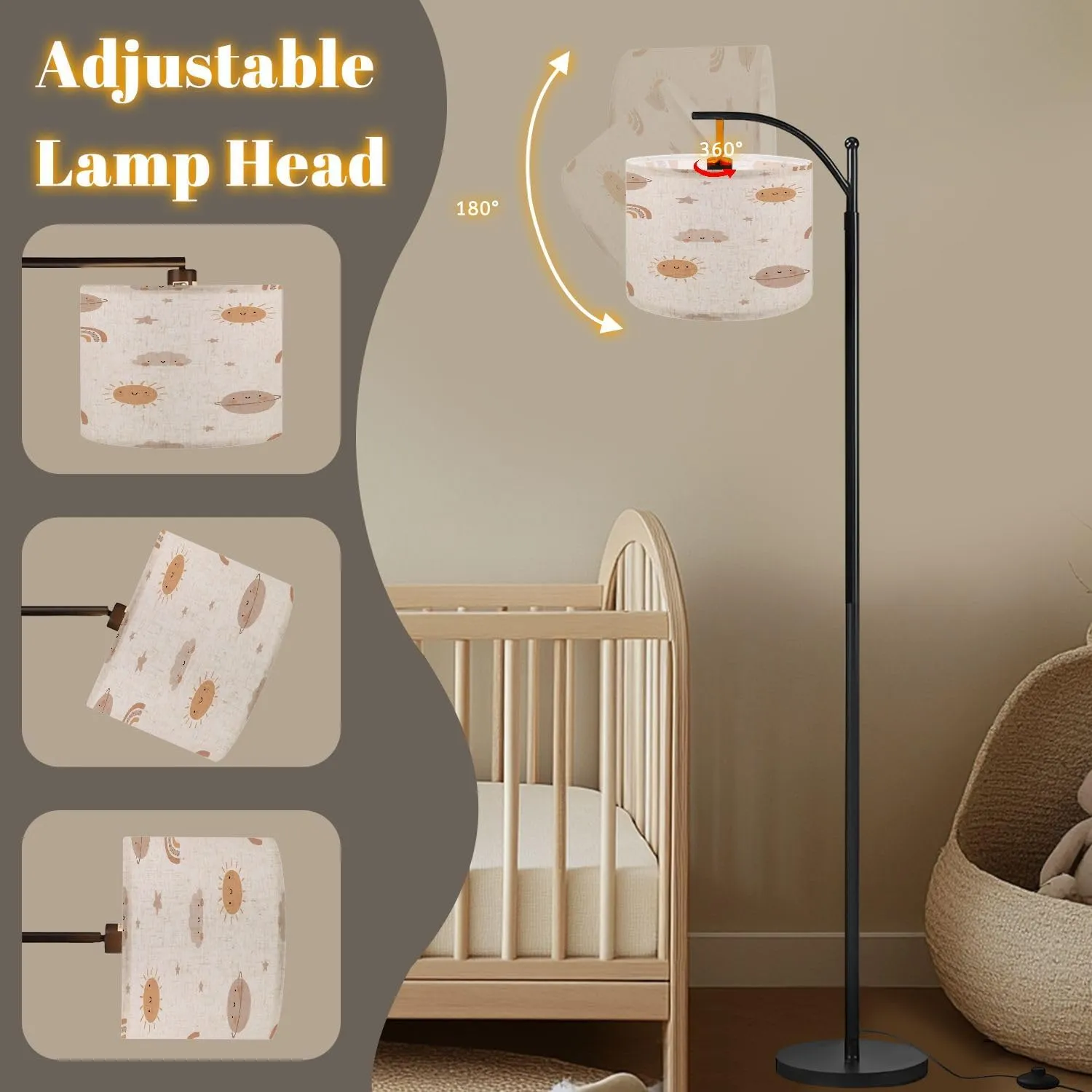 Arc Floor Lamps Cute Cartoon Bohemian Nursery Pattern Boho Print for Wall Decor Modern LED Adjustable Lampshade Standing Light for Living Room Reading Bedroom Office