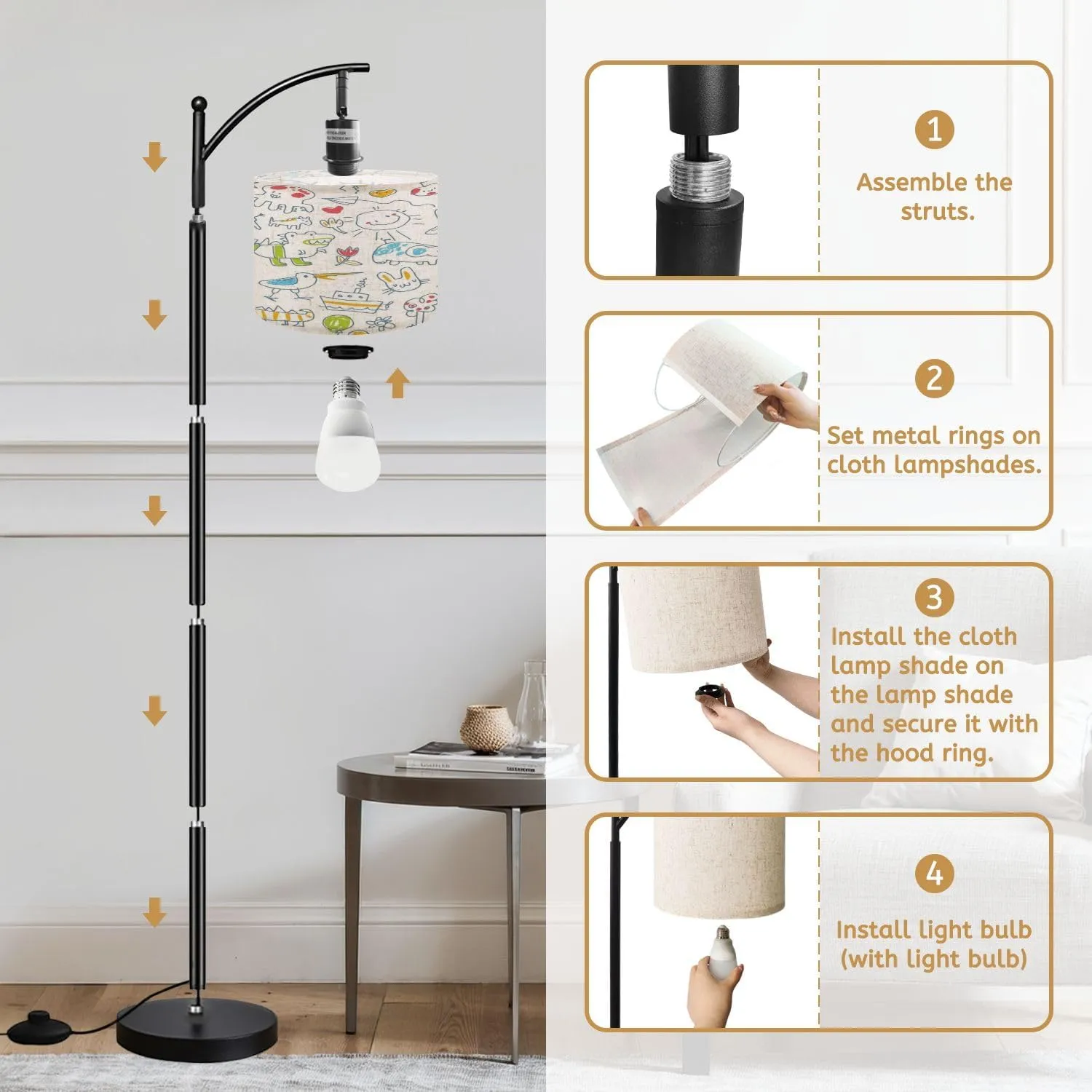 Arc Floor Lamps Hand Drawn Kids Doodle Set Baby Scribbles Set Funny Character White Modern LED Adjustable Lampshade Standing Light for Living Room Reading Bedroom Office