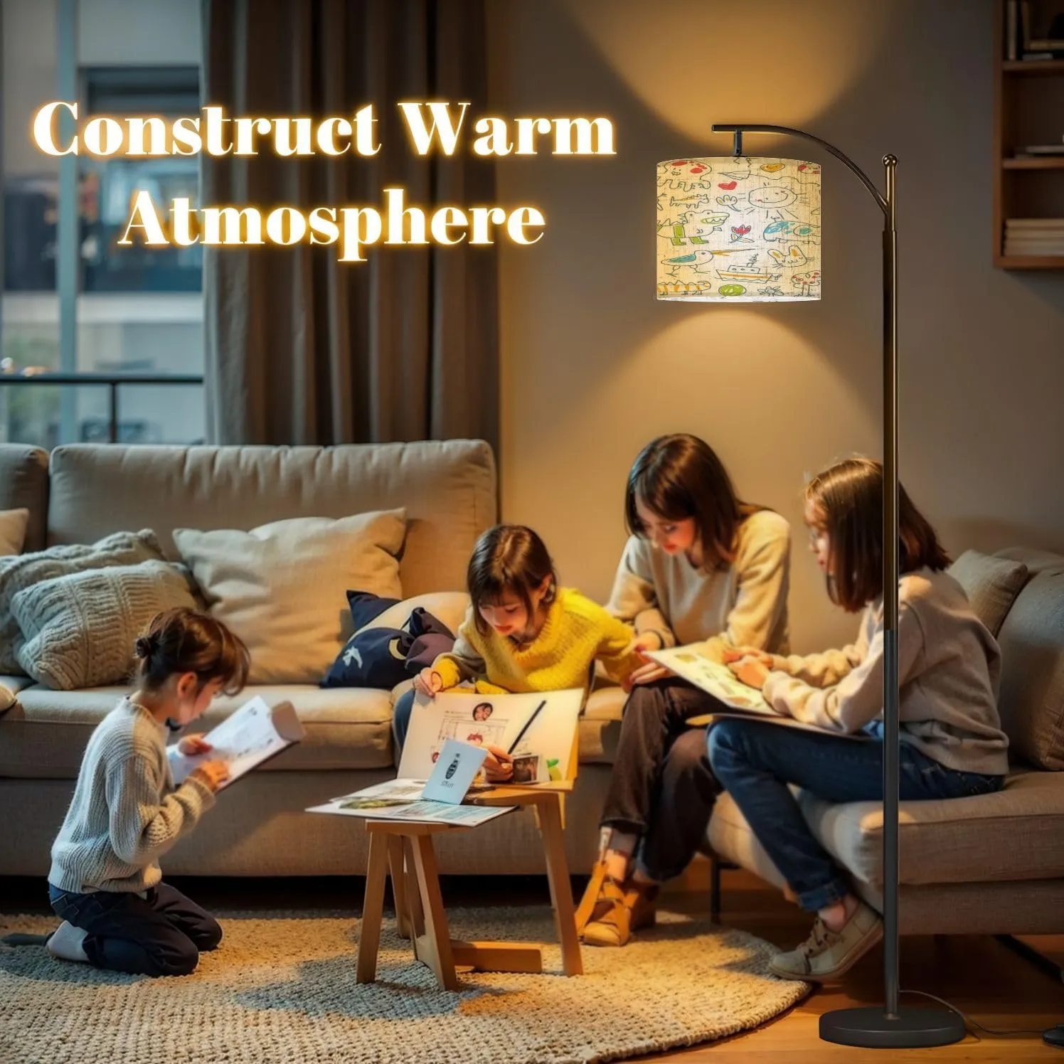 Arc Floor Lamps Hand Drawn Kids Doodle Set Baby Scribbles Set Funny Character White Modern LED Adjustable Lampshade Standing Light for Living Room Reading Bedroom Office