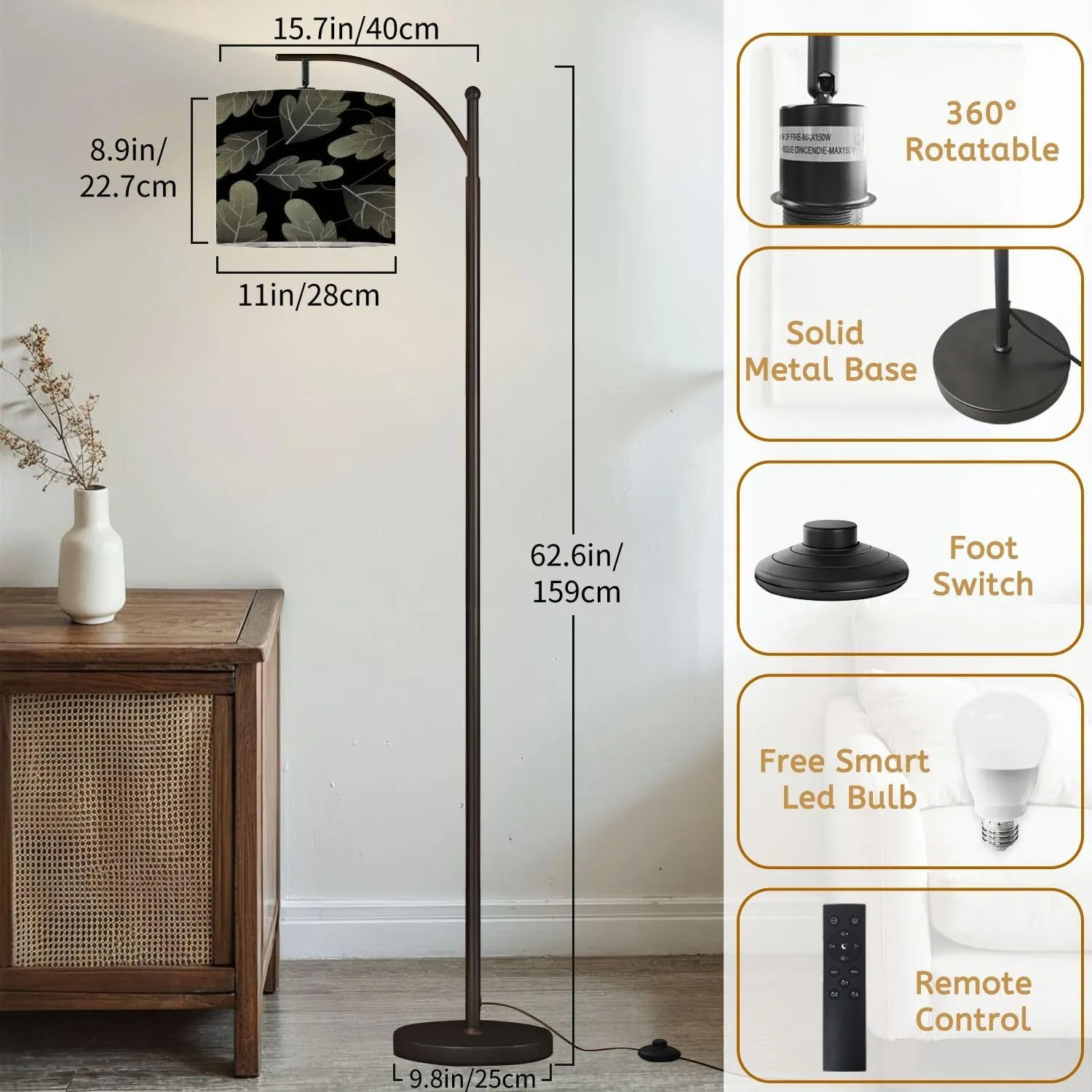 Arc Floor Lamps Leaves for Forest Ecology Nature Modern LED Adjustable Lampshade Standing Light for Living Room Reading Bedroom Office