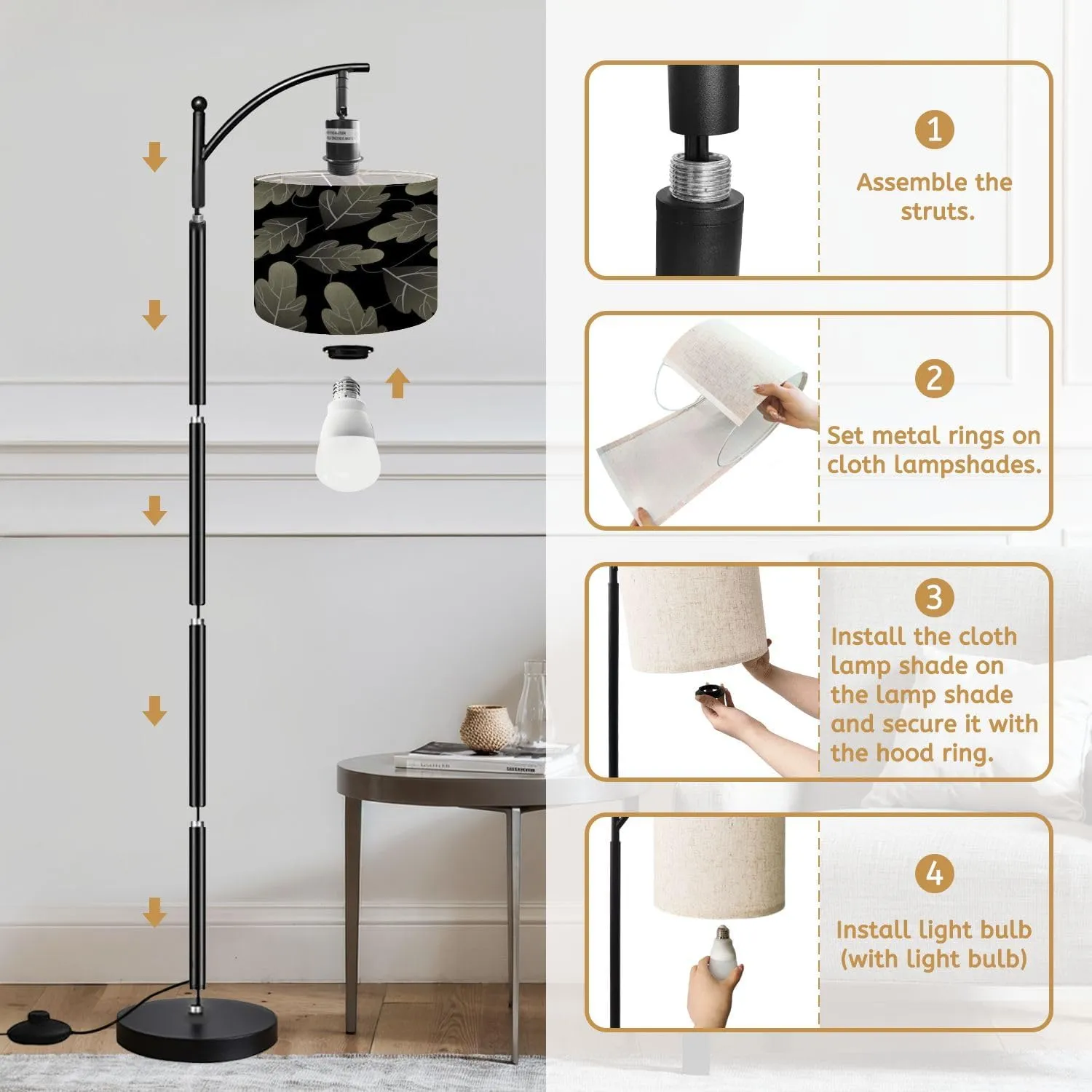 Arc Floor Lamps Leaves for Forest Ecology Nature Modern LED Adjustable Lampshade Standing Light for Living Room Reading Bedroom Office