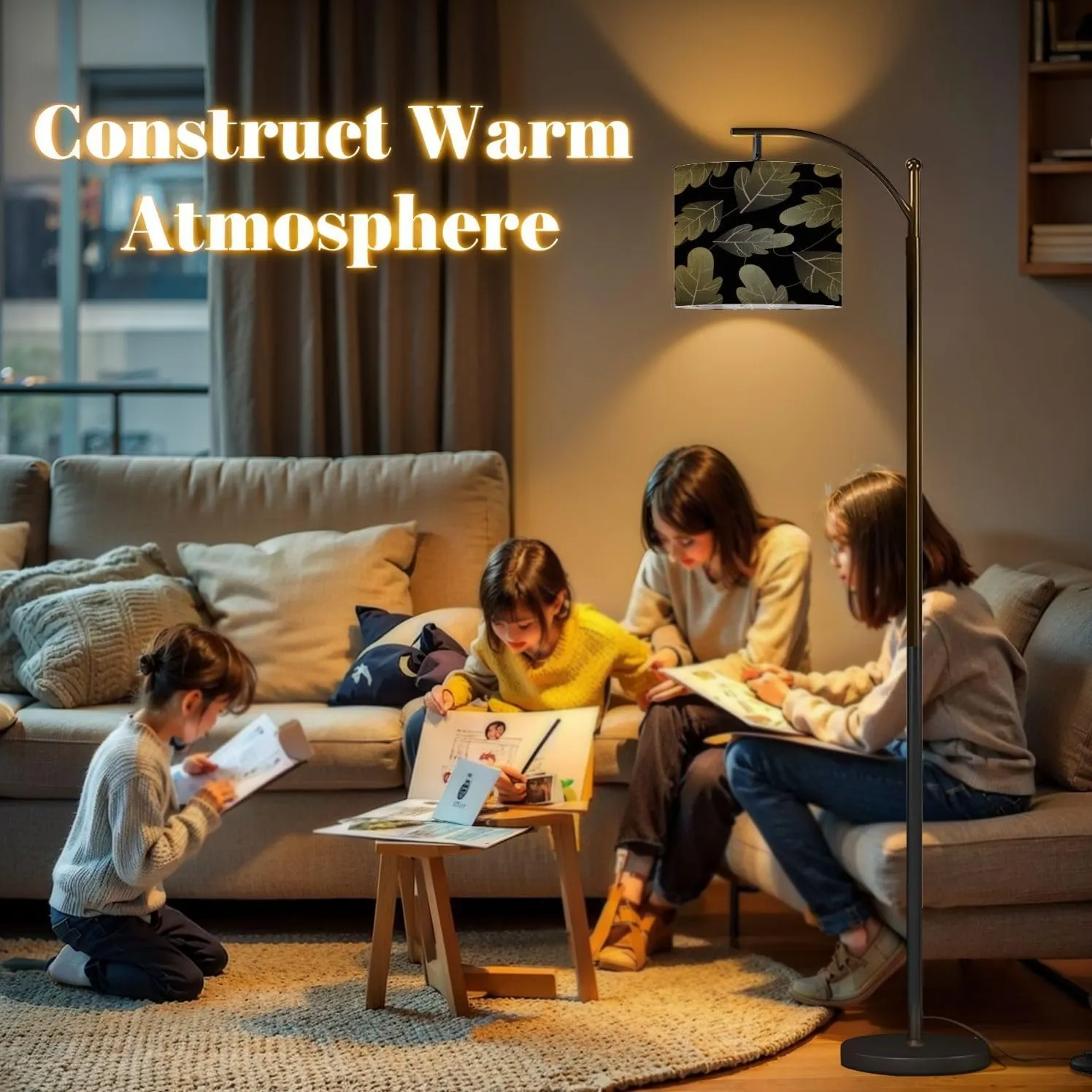 Arc Floor Lamps Leaves for Forest Ecology Nature Modern LED Adjustable Lampshade Standing Light for Living Room Reading Bedroom Office