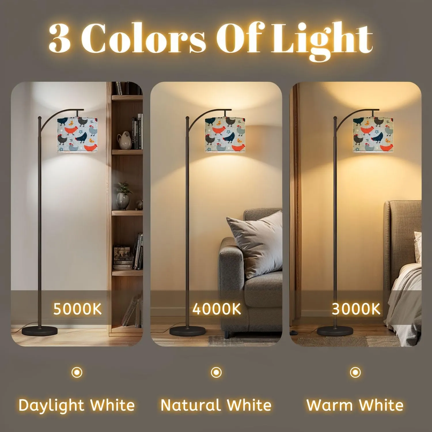 Arc Floor Lamps Seamless Pattern Cute Chickens Summer Abstract Print pet Birds Modern LED Adjustable Lampshade Standing Light for Living Room Reading Bedroom Office