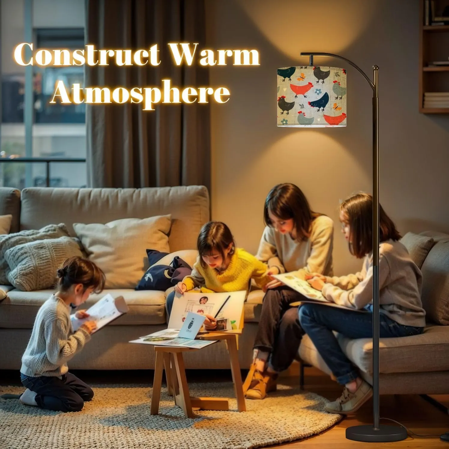 Arc Floor Lamps Seamless Pattern Cute Chickens Summer Abstract Print pet Birds Modern LED Adjustable Lampshade Standing Light for Living Room Reading Bedroom Office