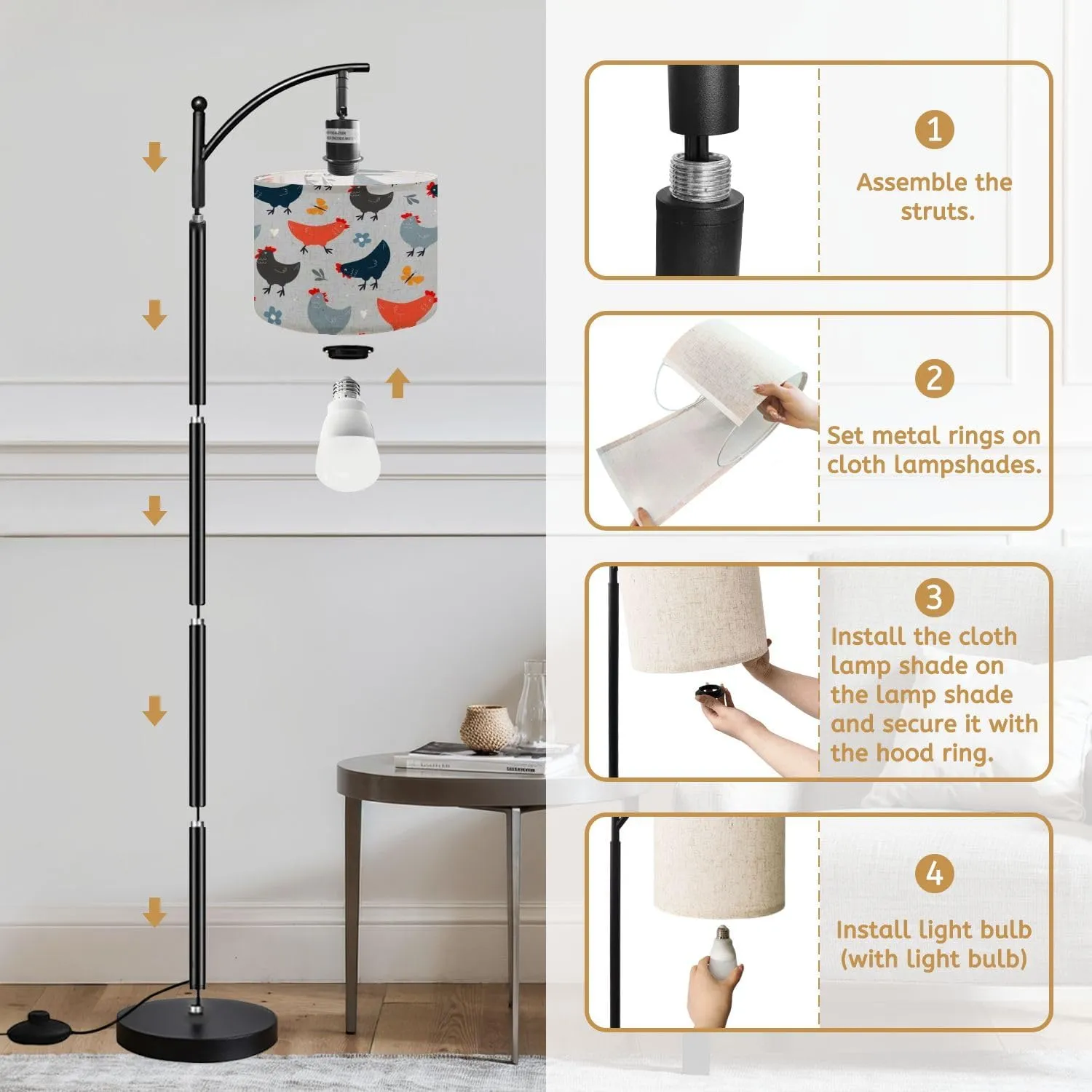 Arc Floor Lamps Seamless Pattern Cute Chickens Summer Abstract Print pet Birds Modern LED Adjustable Lampshade Standing Light for Living Room Reading Bedroom Office