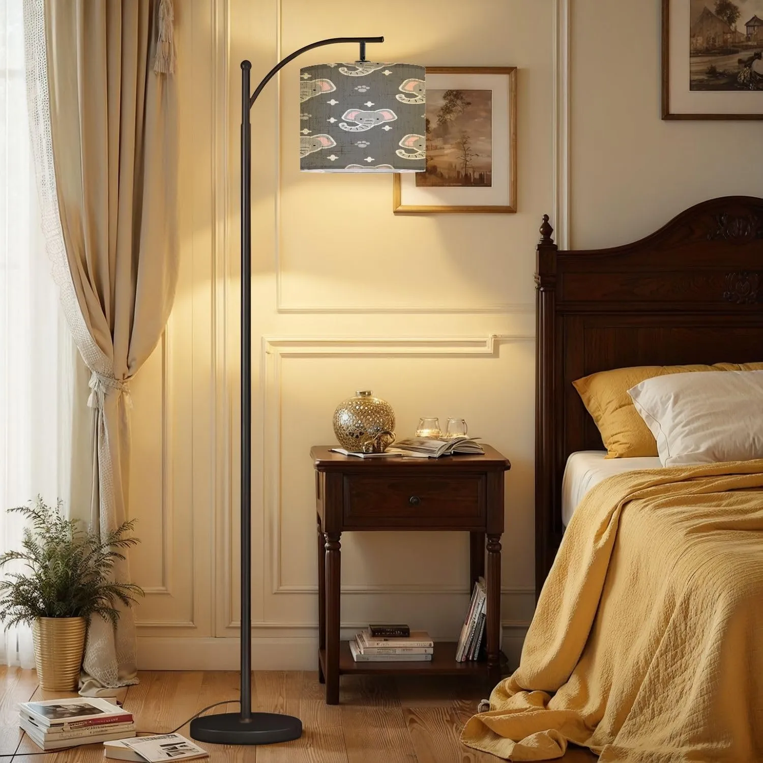 Arc Floor Lamps Seamless Pattern Cute Flat Style Elephant Grey Modern LED Adjustable Lampshade Standing Light for Living Room Reading Bedroom Office