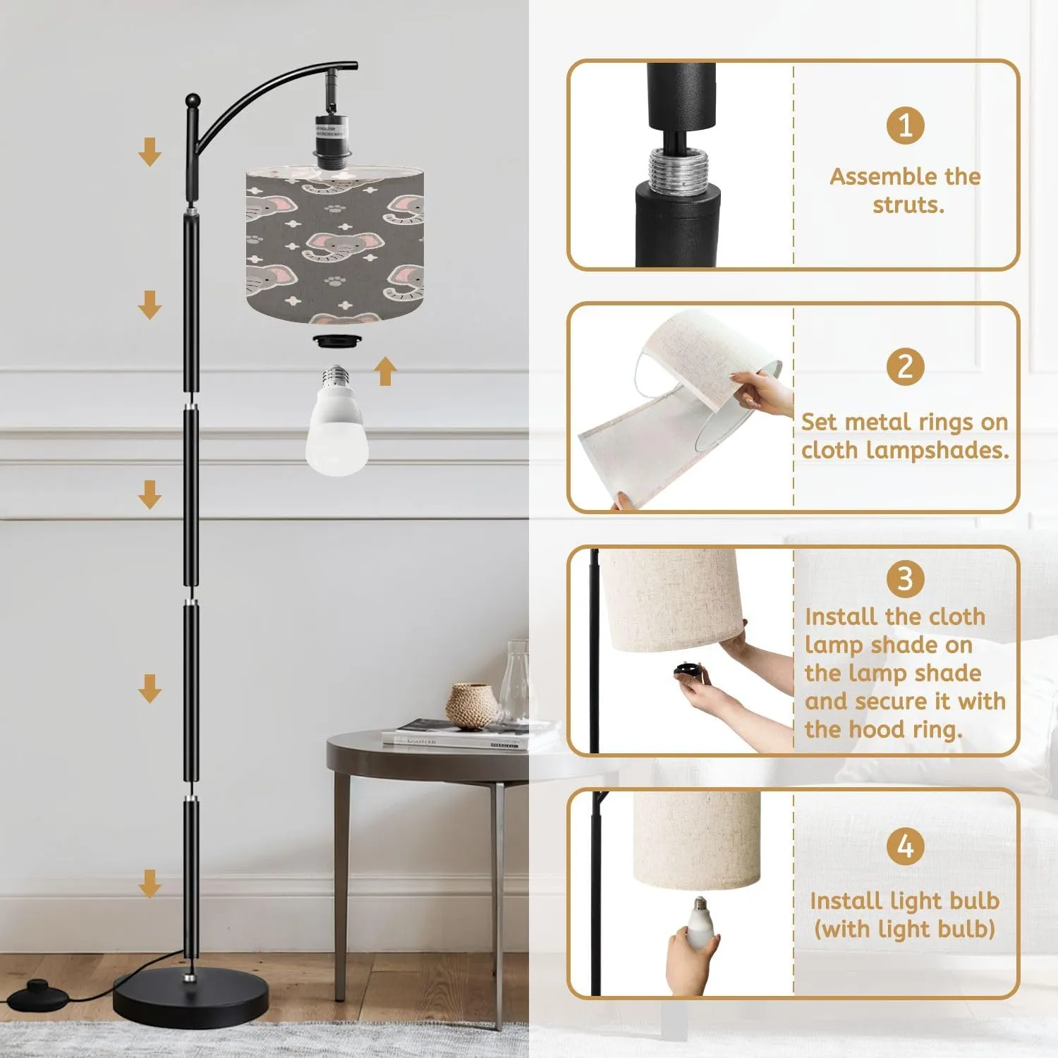 Arc Floor Lamps Seamless Pattern Cute Flat Style Elephant Grey Modern LED Adjustable Lampshade Standing Light for Living Room Reading Bedroom Office