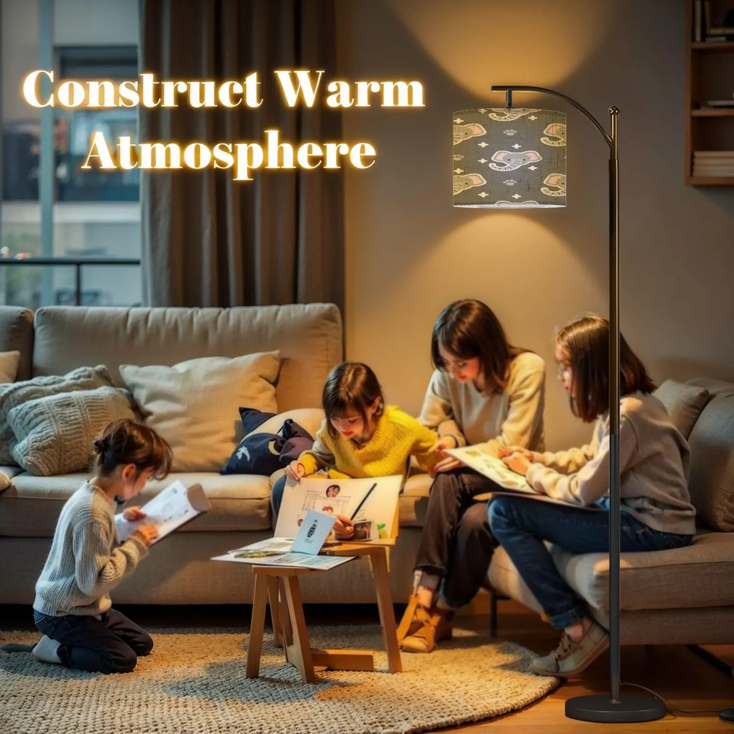 Arc Floor Lamps Seamless Pattern Cute Flat Style Elephant Grey Modern LED Adjustable Lampshade Standing Light for Living Room Reading Bedroom Office