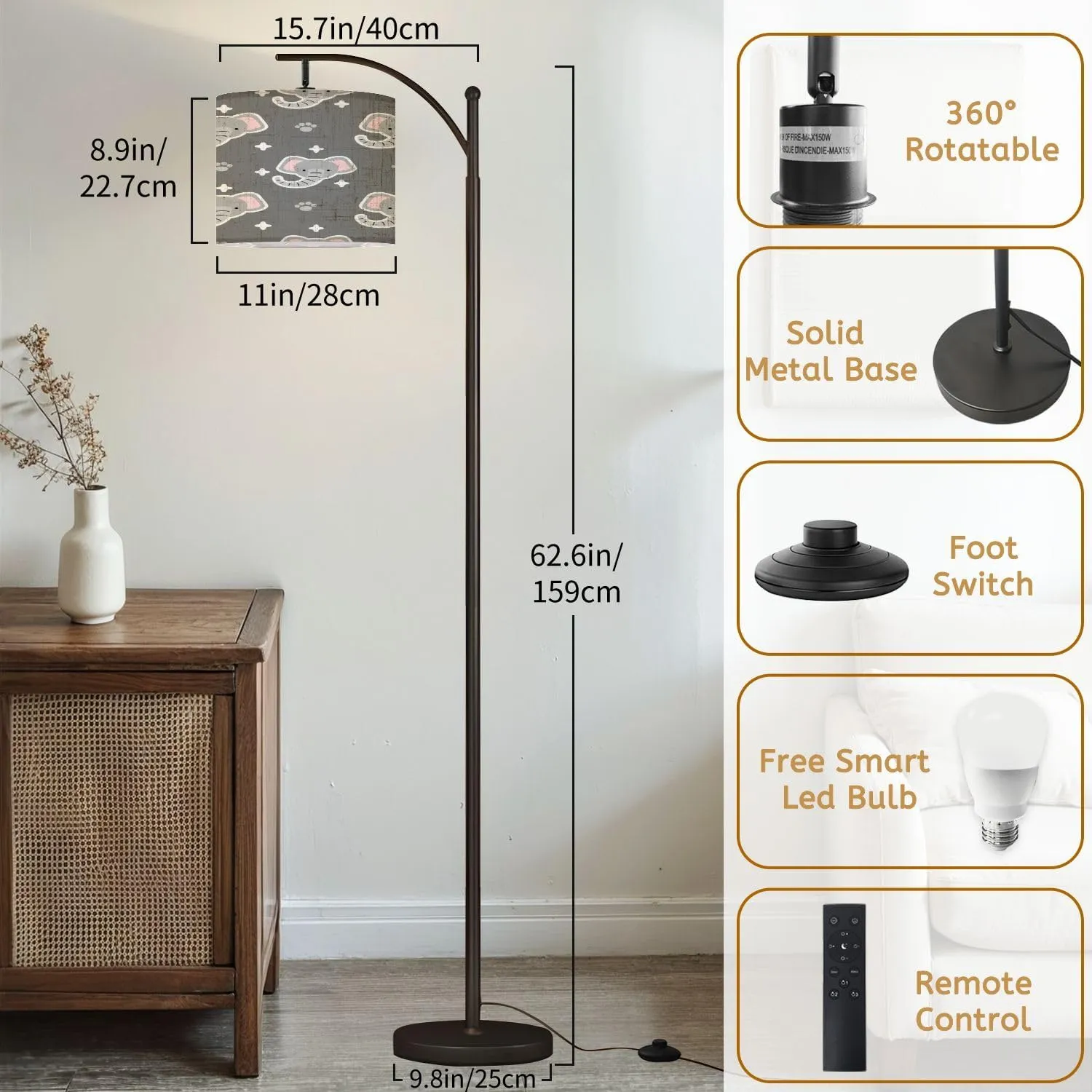 Arc Floor Lamps Seamless Pattern Cute Flat Style Elephant Grey Modern LED Adjustable Lampshade Standing Light for Living Room Reading Bedroom Office