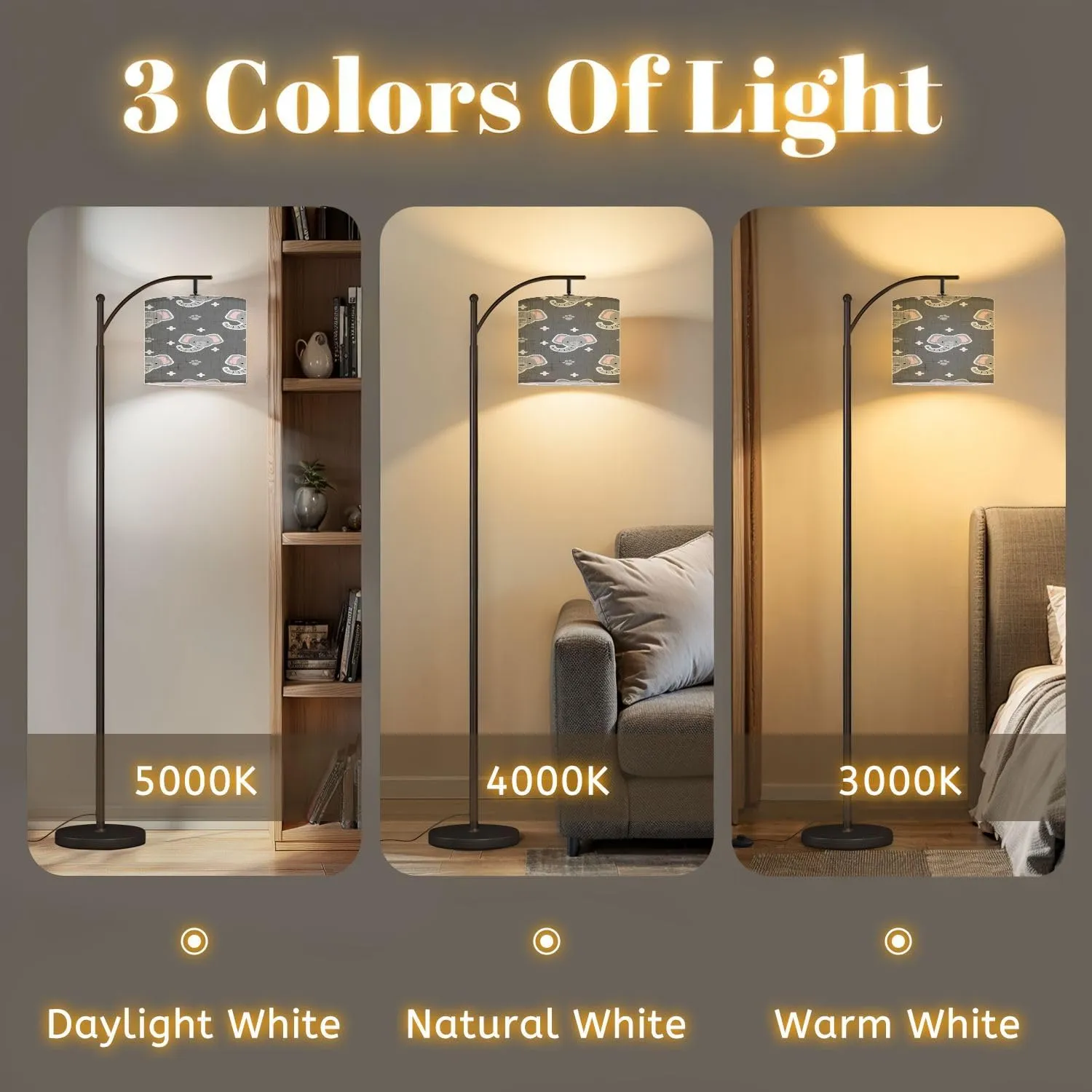 Arc Floor Lamps Seamless Pattern Cute Flat Style Elephant Grey Modern LED Adjustable Lampshade Standing Light for Living Room Reading Bedroom Office