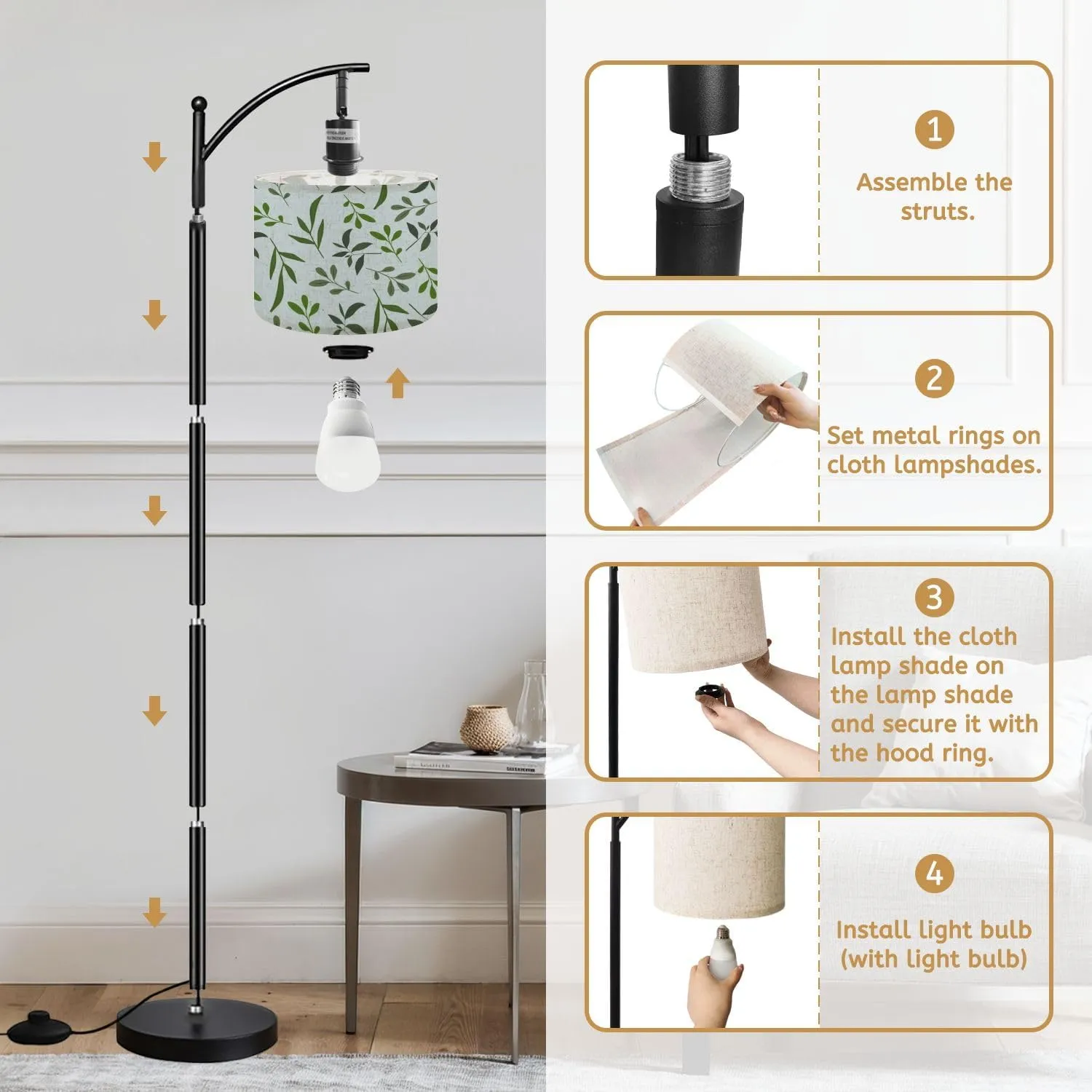 Arc Floor Lamps Tropical Leaves Design Floral Seamless Pattern Modern LED Adjustable Lampshade Standing Light for Living Room Reading Bedroom Office