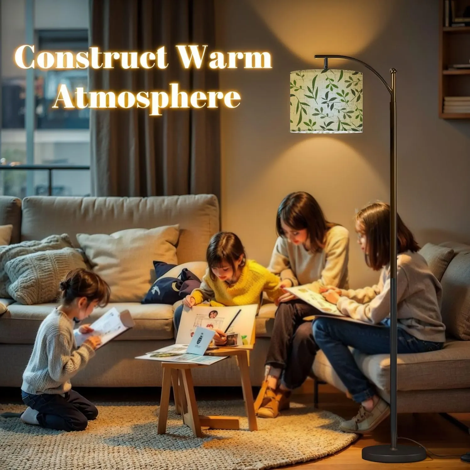 Arc Floor Lamps Tropical Leaves Design Floral Seamless Pattern Modern LED Adjustable Lampshade Standing Light for Living Room Reading Bedroom Office