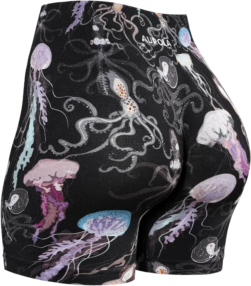 AUROLA Print Collection Fashion Shorts for Women,Inside White Scrunch Seamless Pattern Active Workout Shorts