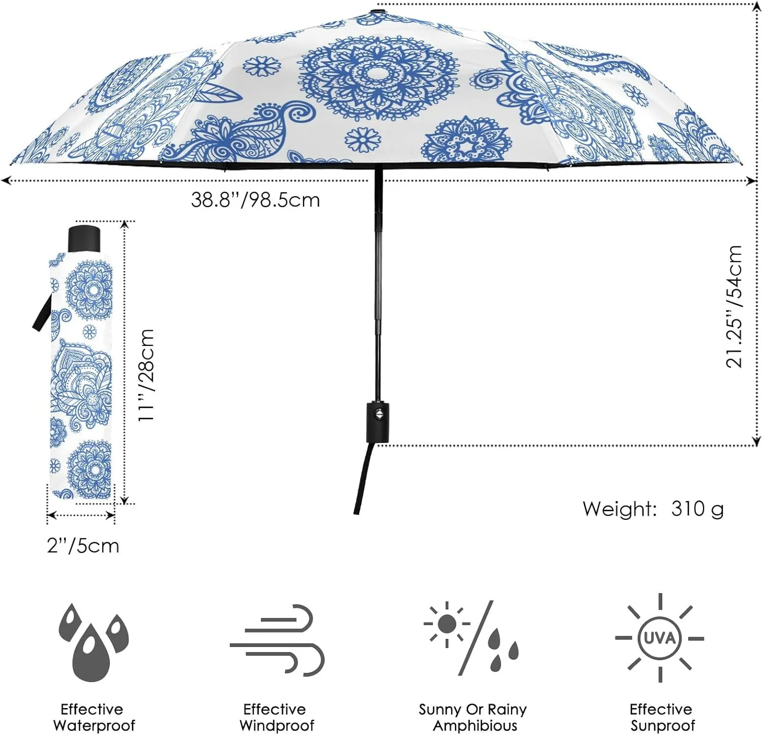 Automatic Lightweight Folding Umbrella, Auto Open/Close Portable Sun Travel Parasol, Compact Anti-UV Strong Rain Umbrella