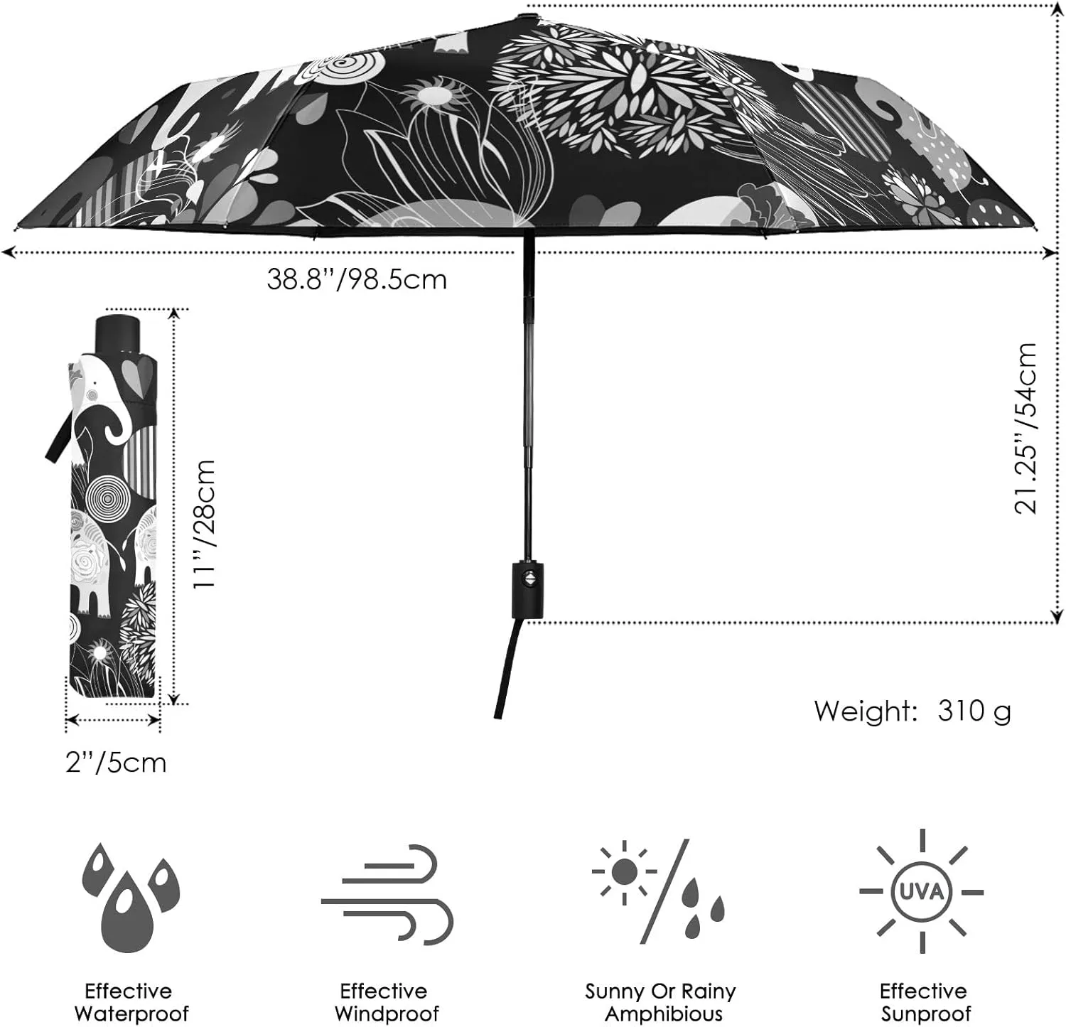 Automatic Lightweight Folding Umbrella, Auto Open/Close Portable Sun Travel Parasol, Compact Anti-UV Strong Rain Umbrella