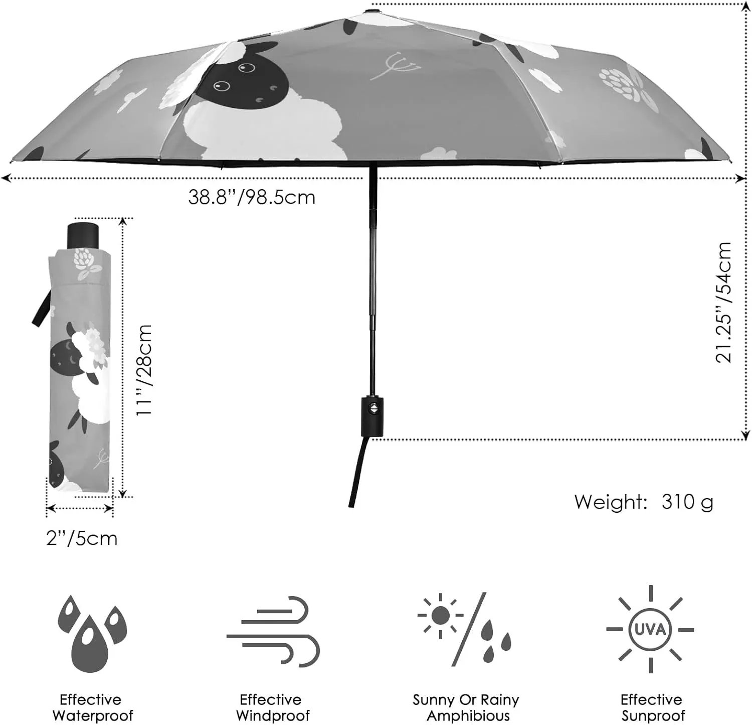Automatic Lightweight Folding Umbrella, Auto Open/Close Portable Sun Travel Parasol, Compact Anti-UV Strong Rain Umbrella