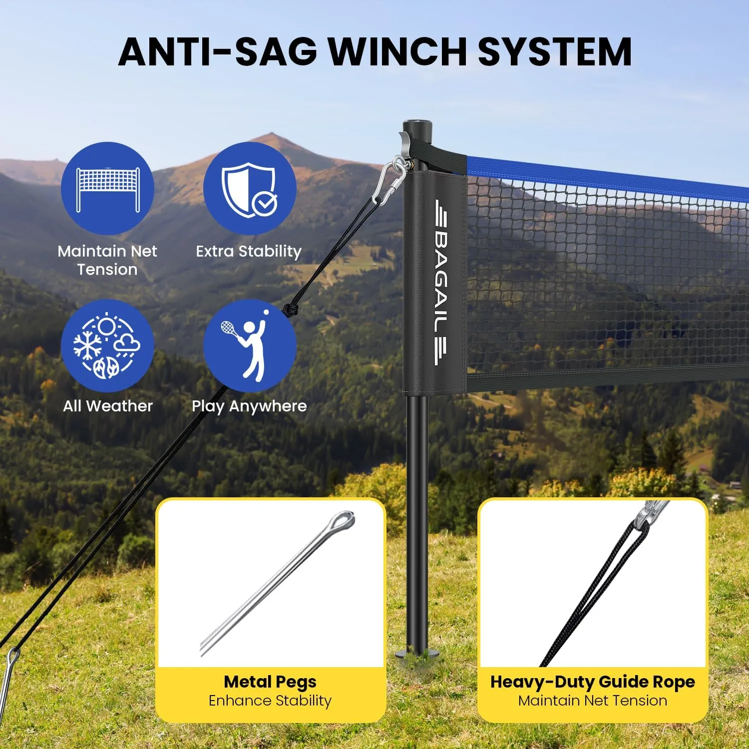 BAGAIL Outdoor Badminton Net Set with Anti-Sag Winch System - Official Size 20ft x 5ft, 4 Rackets, 3 Shuttlecocks, Durable PE Net & Carry Bag for Backyard, Beach, Family Games
