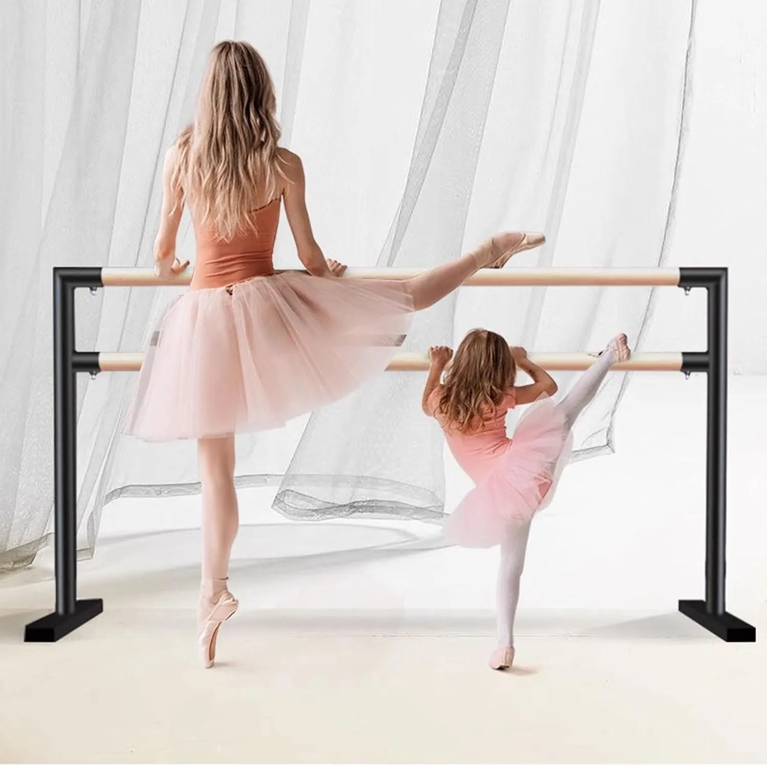 Ballet Barre Double Layered Home Ballet Pole, with A Solid Wood Handle and Anti Slip Base, The Dance Bar is Equipped with A Fitness Training Bar (Black 1M/3.3FT)