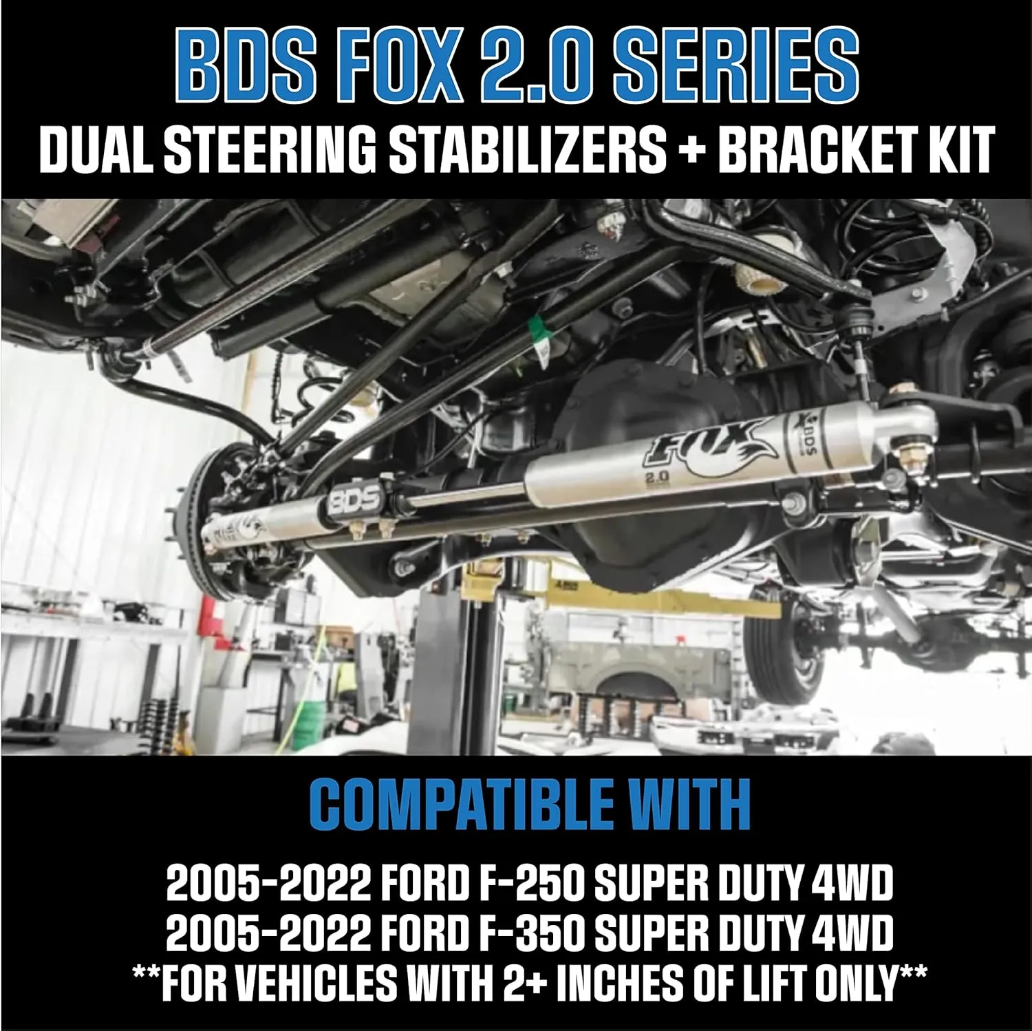 BDS Fox Shocks 2.0 Dual Steering Stabilizer Kit for 2005-2022 Ford F-250 and F-350 Super Duty 4WD with 2 Inch Lift or More | Includes Damper Bracket Mounting Kit and TrendsAuto Decal | 98224010 55380