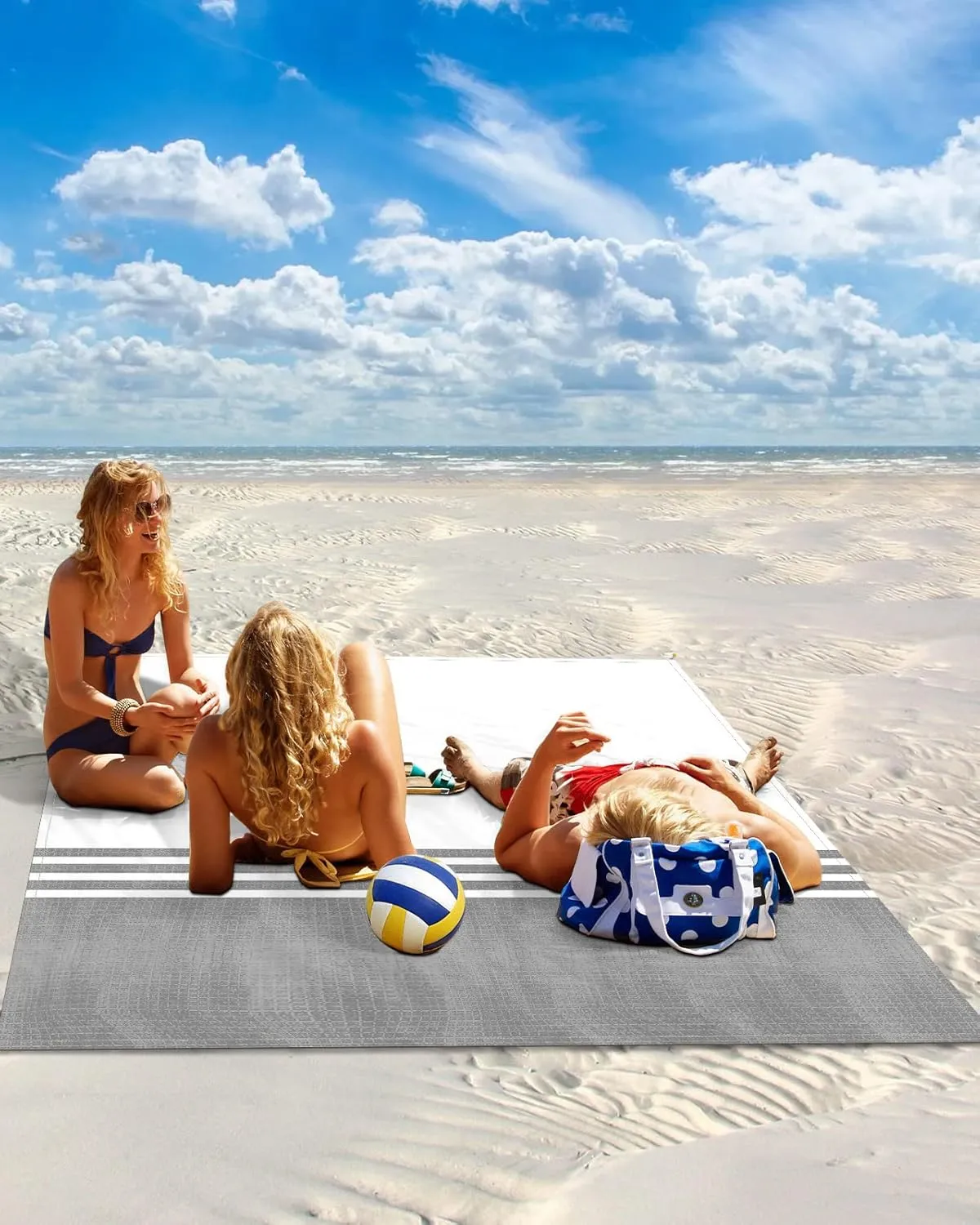 Beach Blanket White Grey Stripes Sandproof Waterproof Beach Mat Quick Drying Oversized Lightweight Picnic Blanket with 4 Stakes & Corner Pockets 118"x108" Beach Accessories for Travel, Camping, Hiking