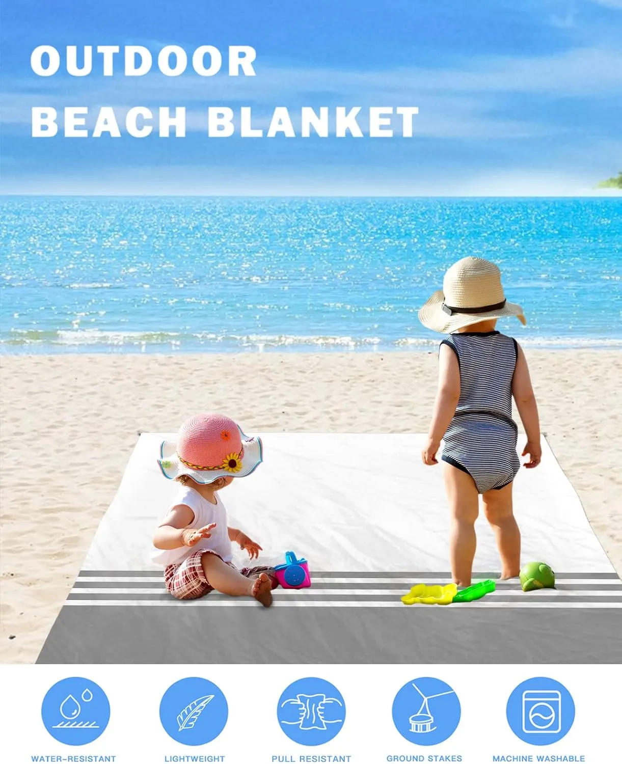 Beach Blanket White Grey Stripes Sandproof Waterproof Beach Mat Quick Drying Oversized Lightweight Picnic Blanket with 4 Stakes & Corner Pockets 118"x108" Beach Accessories for Travel, Camping, Hiking