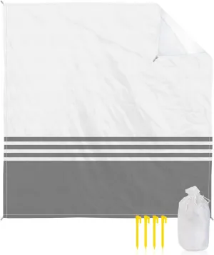 Beach Blanket White Grey Stripes Sandproof Waterproof Beach Mat Quick Drying Oversized Lightweight Picnic Blanket with 4 Stakes & Corner Pockets 118"x108" Beach Accessories for Travel, Camping, Hiking