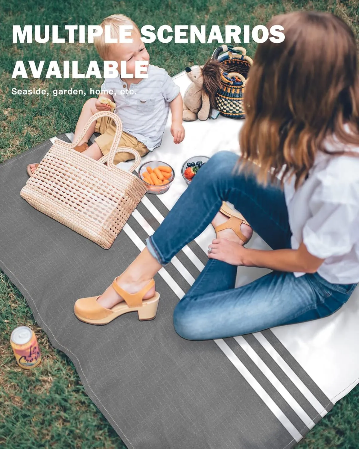 Beach Blanket White Grey Stripes Sandproof Waterproof Beach Mat Quick Drying Oversized Lightweight Picnic Blanket with 4 Stakes & Corner Pockets 118"x108" Beach Accessories for Travel, Camping, Hiking
