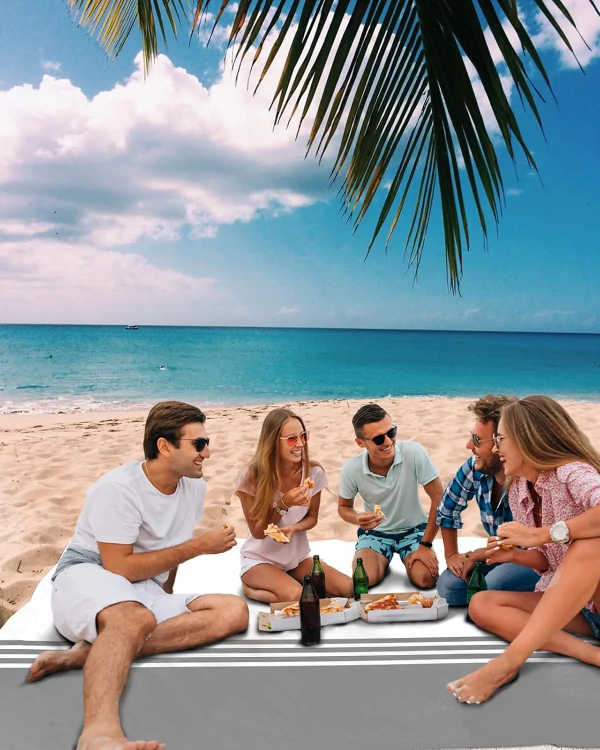 Beach Blanket White Grey Stripes Sandproof Waterproof Beach Mat Quick Drying Oversized Lightweight Picnic Blanket with 4 Stakes & Corner Pockets 118"x108" Beach Accessories for Travel, Camping, Hiking