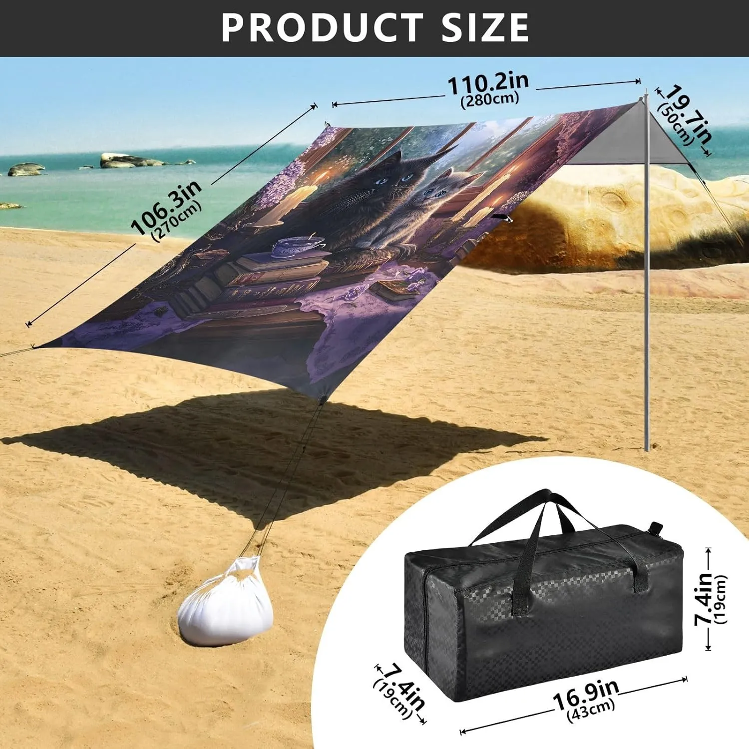Beach Canopy Tent Patio Sun Shade Outdoor 9.2 × 10.5 FT Mystical Black Cats Books Candlelight Camping Sun Shelter Custom Print Shelters with Sand Bags Poles